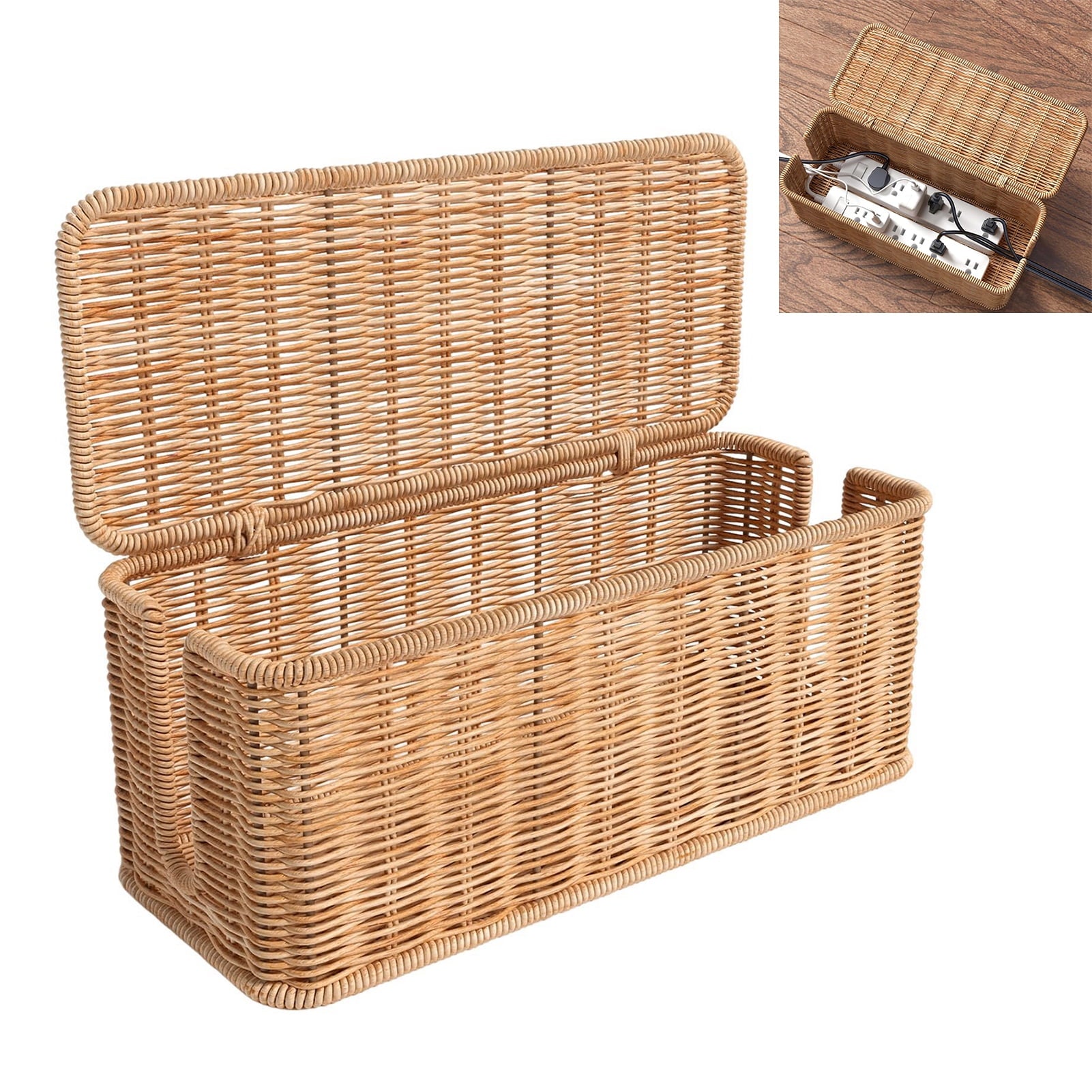 Rattan Cable Management Box Handwoven Cord Organizer Basket with 2 Slots Power Cords Hidden Box - Image 5