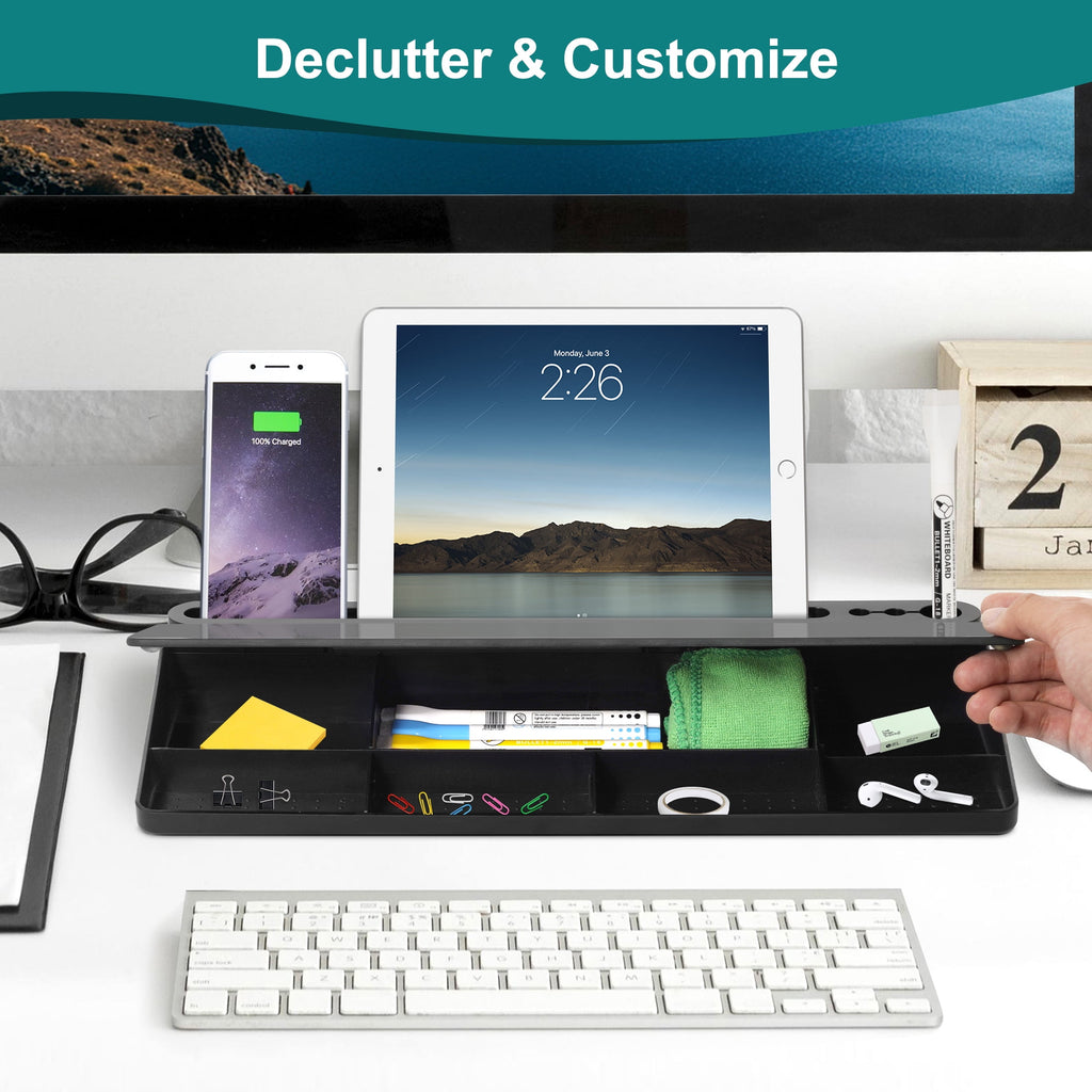 White Board with Computer Keyboard Stand, top Glass Whiteboard with Storage, Black Dry Erase Board with Drawers for H... - Image 4