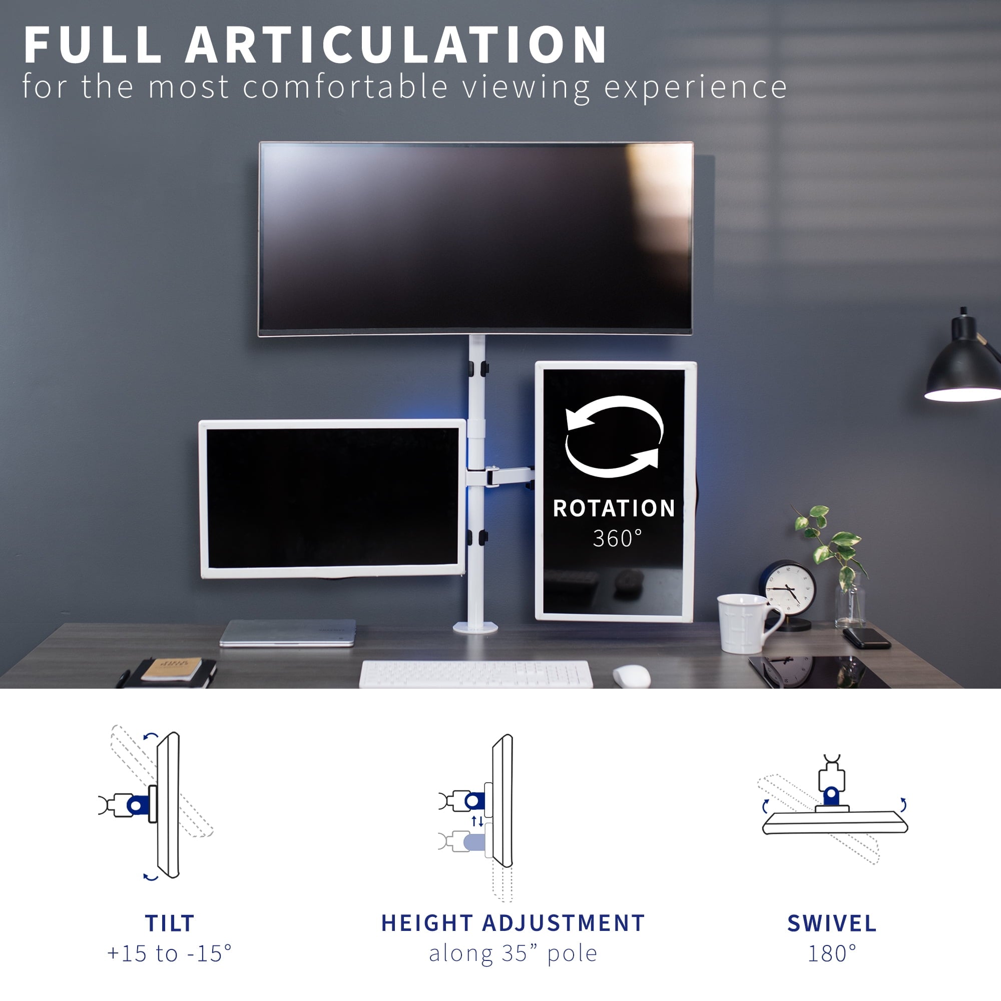 White Triple Monitor Adjustable Desk Mount Stand, 3 Screens up to 30" - Image 5