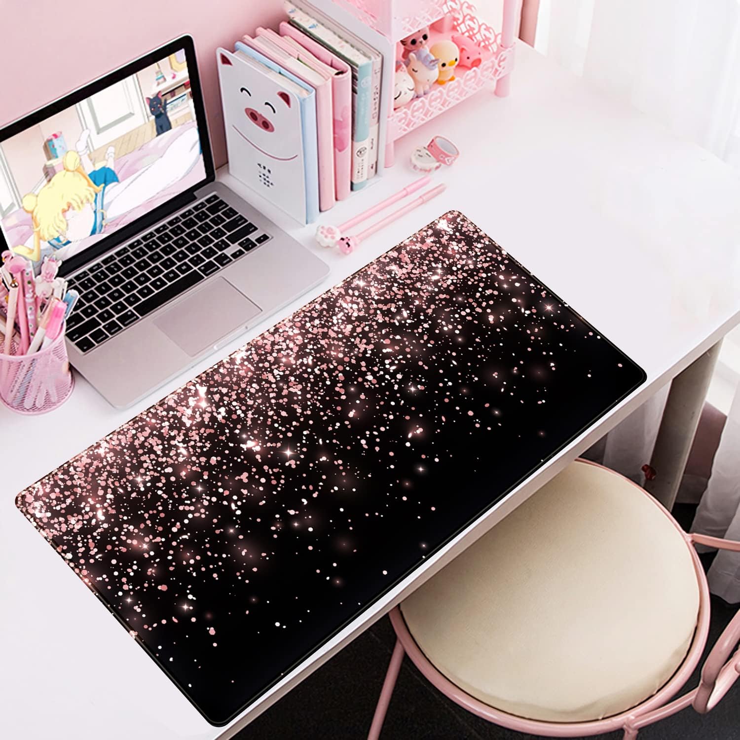 Rose Gold Glitter Black Desk Mat Extended Mouse Pad XXL Office Desk 31.5x15.7 in Accessories for Women Girl Gamer Ful... - Image 5