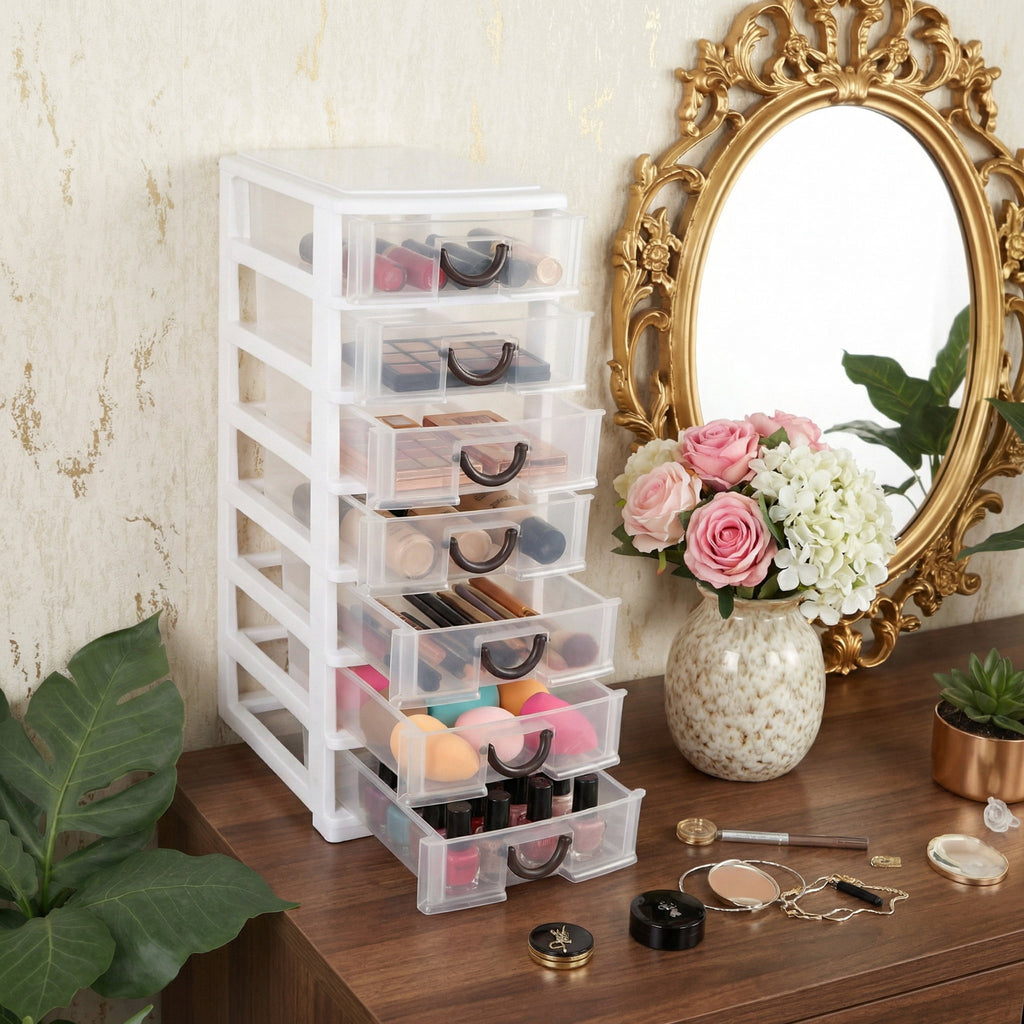 7-Pack Clear Plastic Drawer Organizers Set - Storage Units for Office, Bathroom & Desk Drawers - Image 3