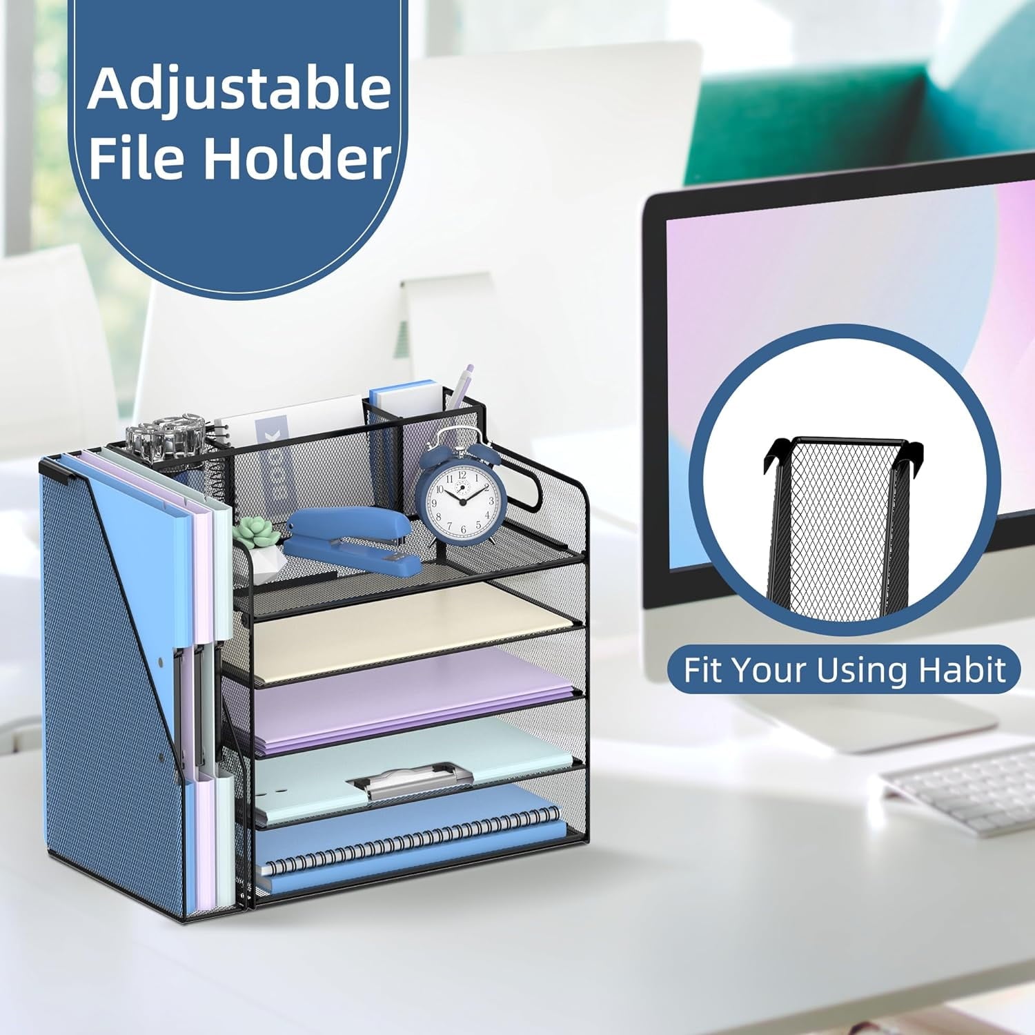 5-Tier Metal Desk File Organizer with Handle, Pen Holders and File Rack, Office supplies, Black, 1 Piece - Image 6