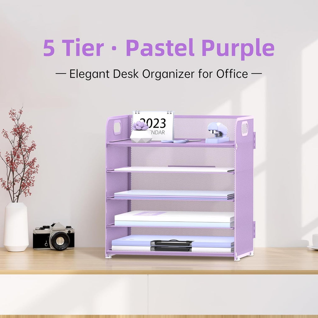 5-Tier Metal Desk Organizer with Handle, File Organizer, Purple, 1 Piece - Image 5
