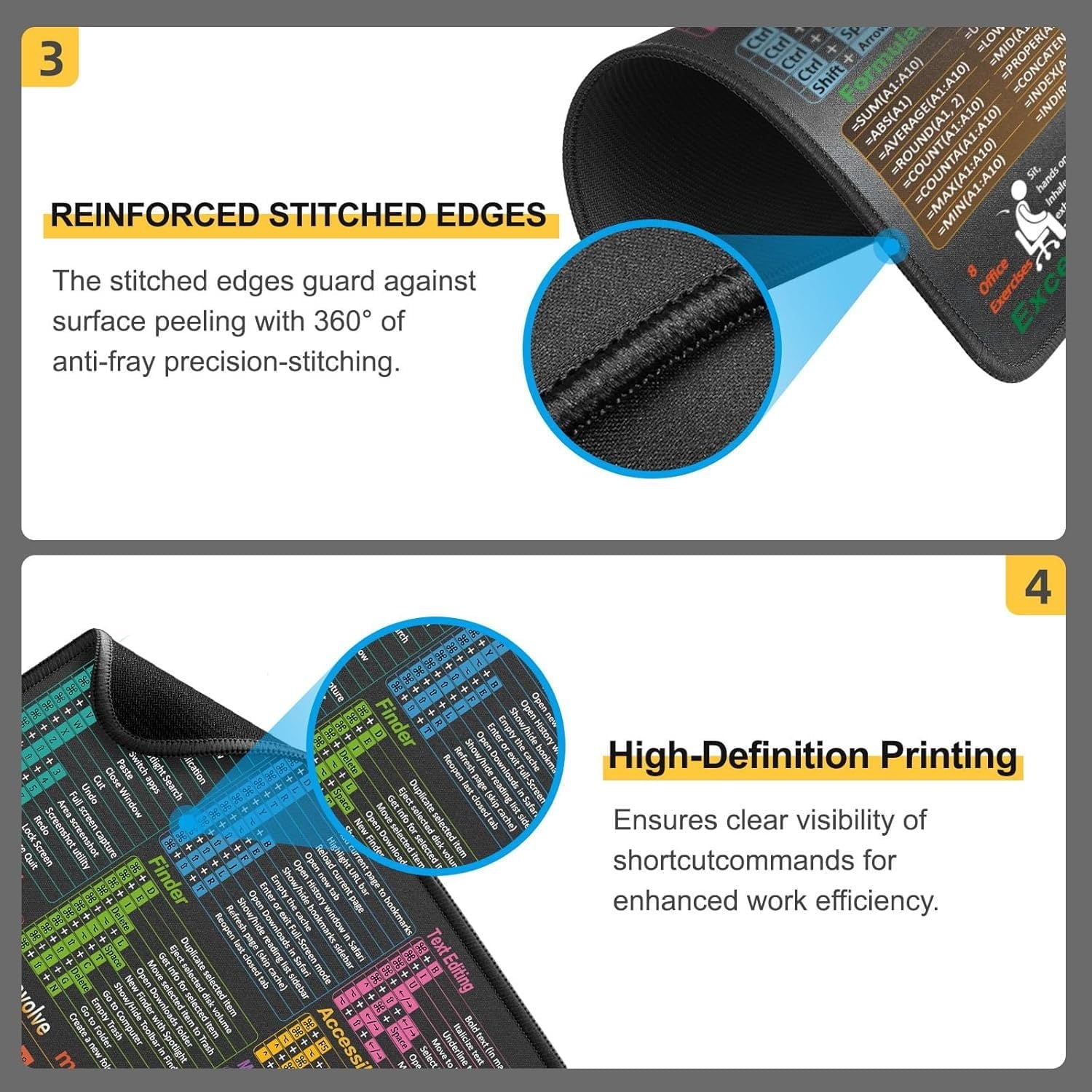 Excel Shortcuts Mouse Pad, 11.8"x9.8" Non-Slip Waterproof Mouse Mat with Stitched Edges, Portable Desk Pad for Office & Gaming - Image 3