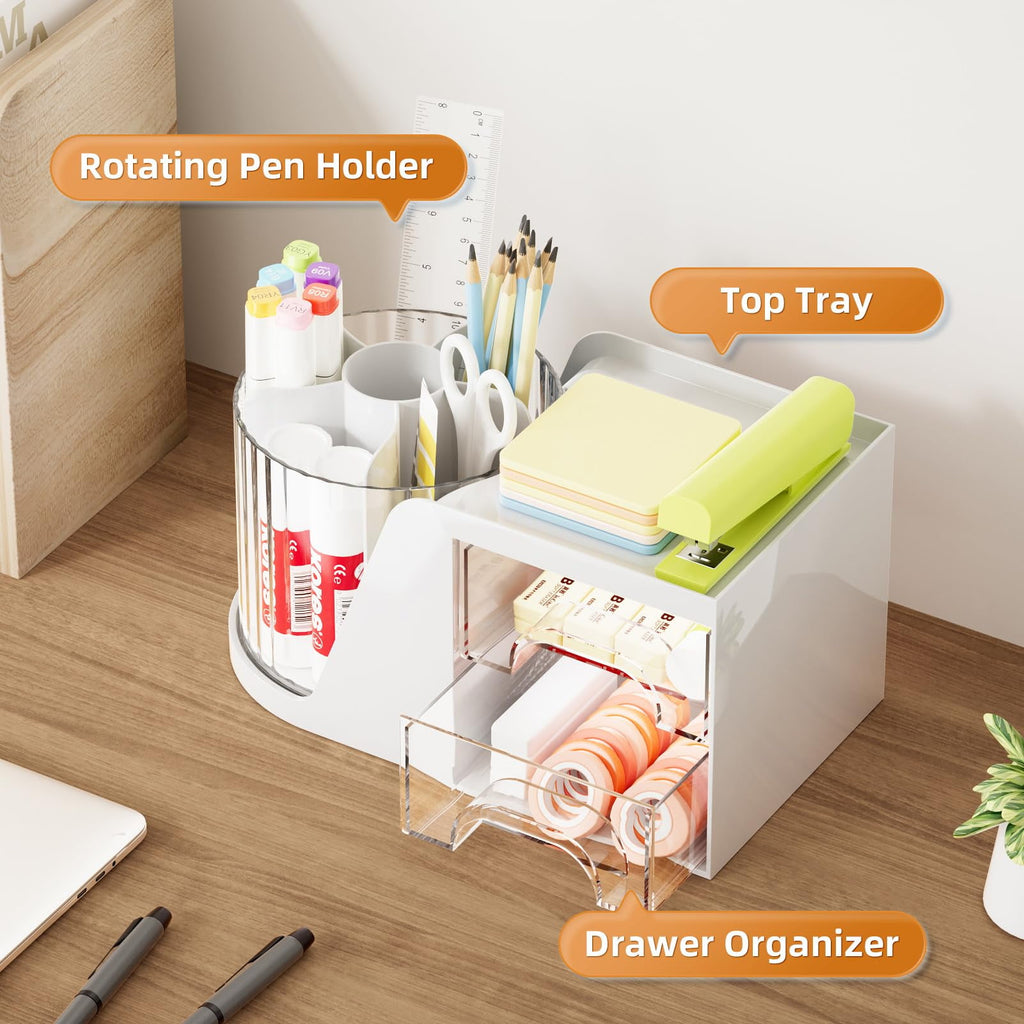with 2 Drawer, 360°Rotating Pen Holder for , s and Accessories with 6 Slots Pencil + 2 Drawer，1 Pack (White) - Image 3