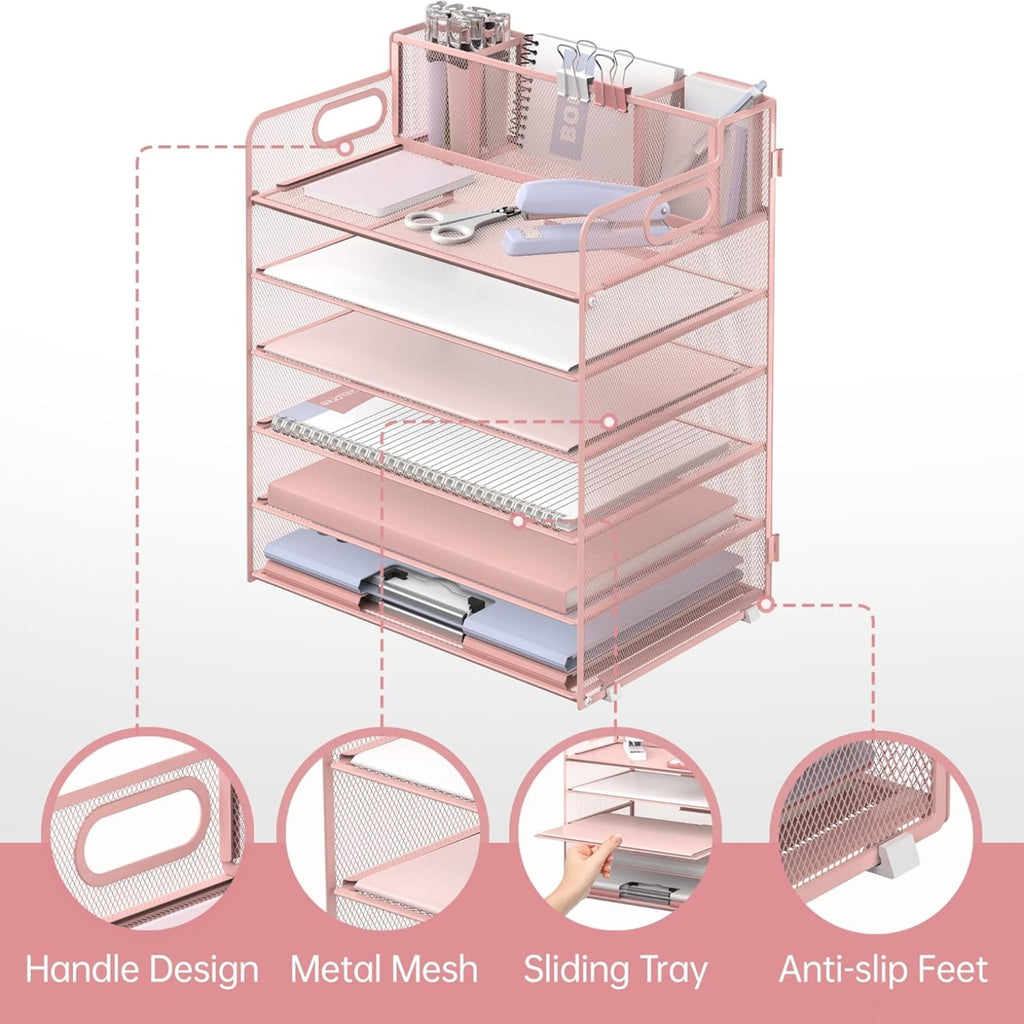 6-Tier Desk Organizer, Metal Desktop Paper Tray with 3 Pen Holders, Desktop Organizer for Home Office - Image 4