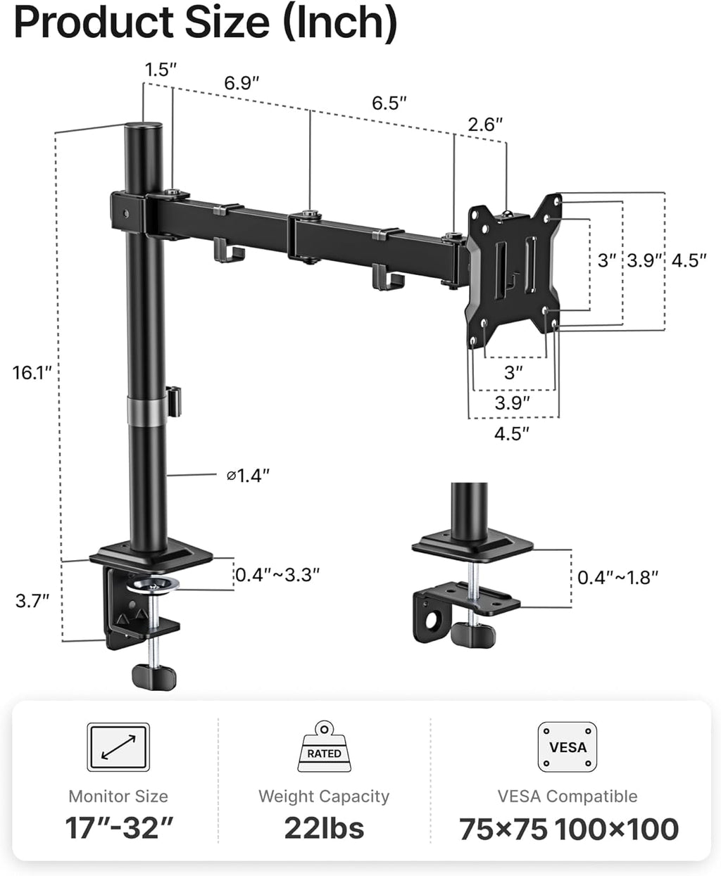 Single Monitor Stand for 17"32" Screens, Fully Adjustable Monitor Arm Desk Mount up to 22 lb, C-Clamp & Grommet Base,... - Image 2