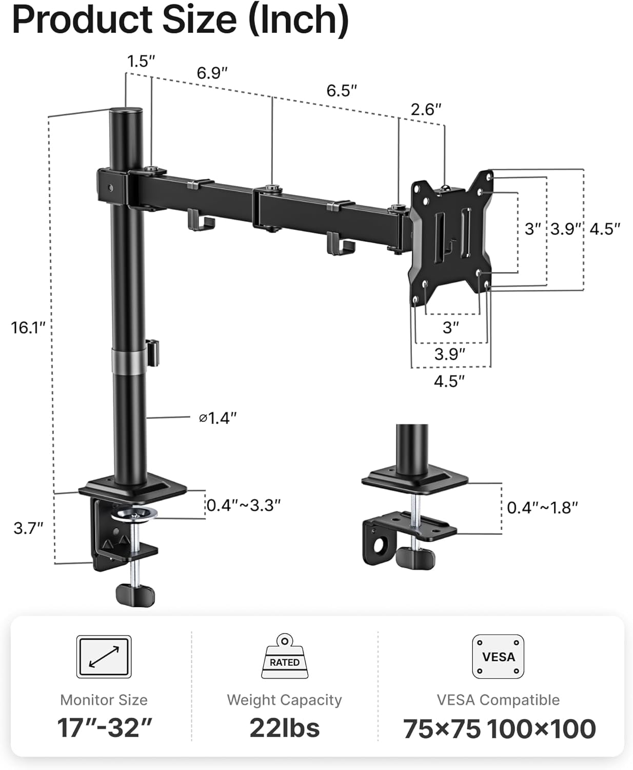 Single Monitor Stand for 17"32" Screens, Fully Adjustable Monitor Arm Desk Mount up to 22 lb, C-Clamp & Grommet Base,... - Image 2
