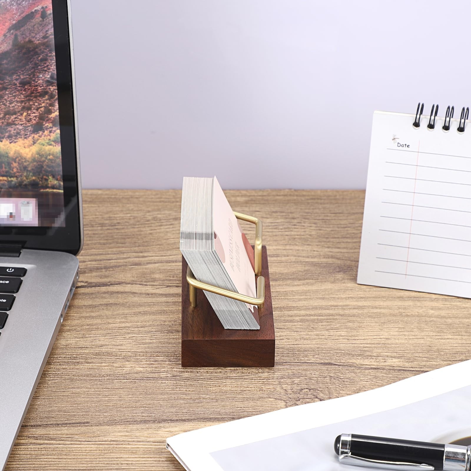 Wooden Business Card Holder for Desk - Elegant Walnut & Gold Metal Card Display Stand - Stylish Tabletop Business Car... - Image 2