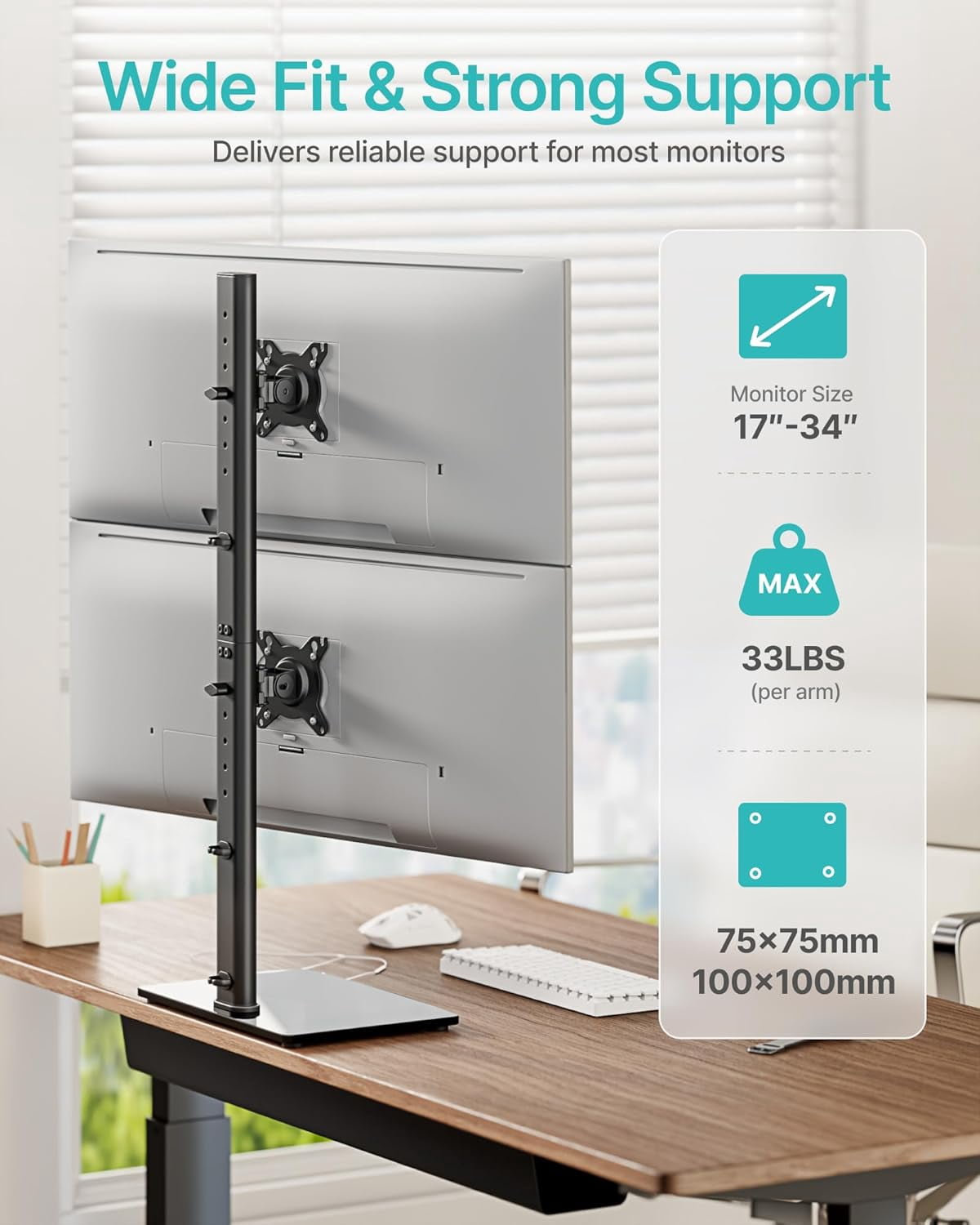 Vertical Dual Monitor Stand for 1734 Inch Screens, Stacked Monitor Mount with 33.3" Pole & 12 Height Settings, Freest... - Image 3