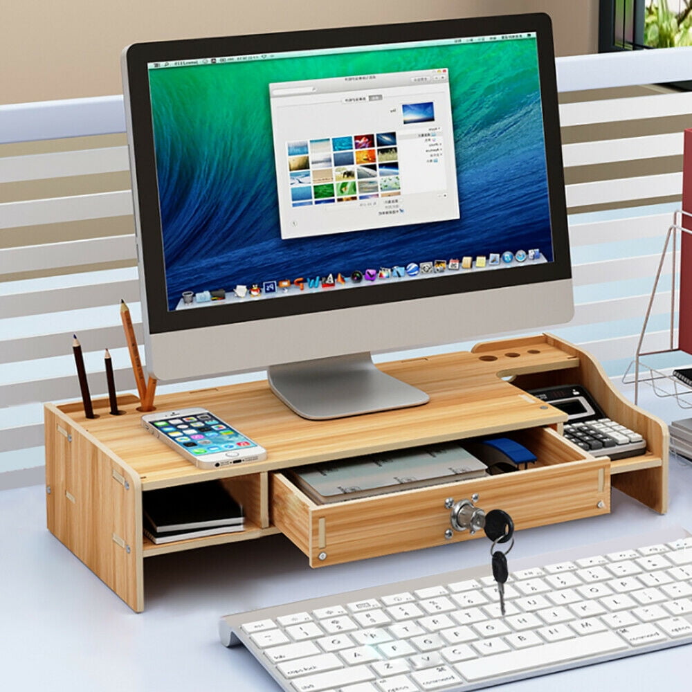 Loyalheartdy Computer Monitor Riser Stand Cherry Wood Color Density Board Laptop Shelf W/ Lockable Drawer for Home, Office - Image 2