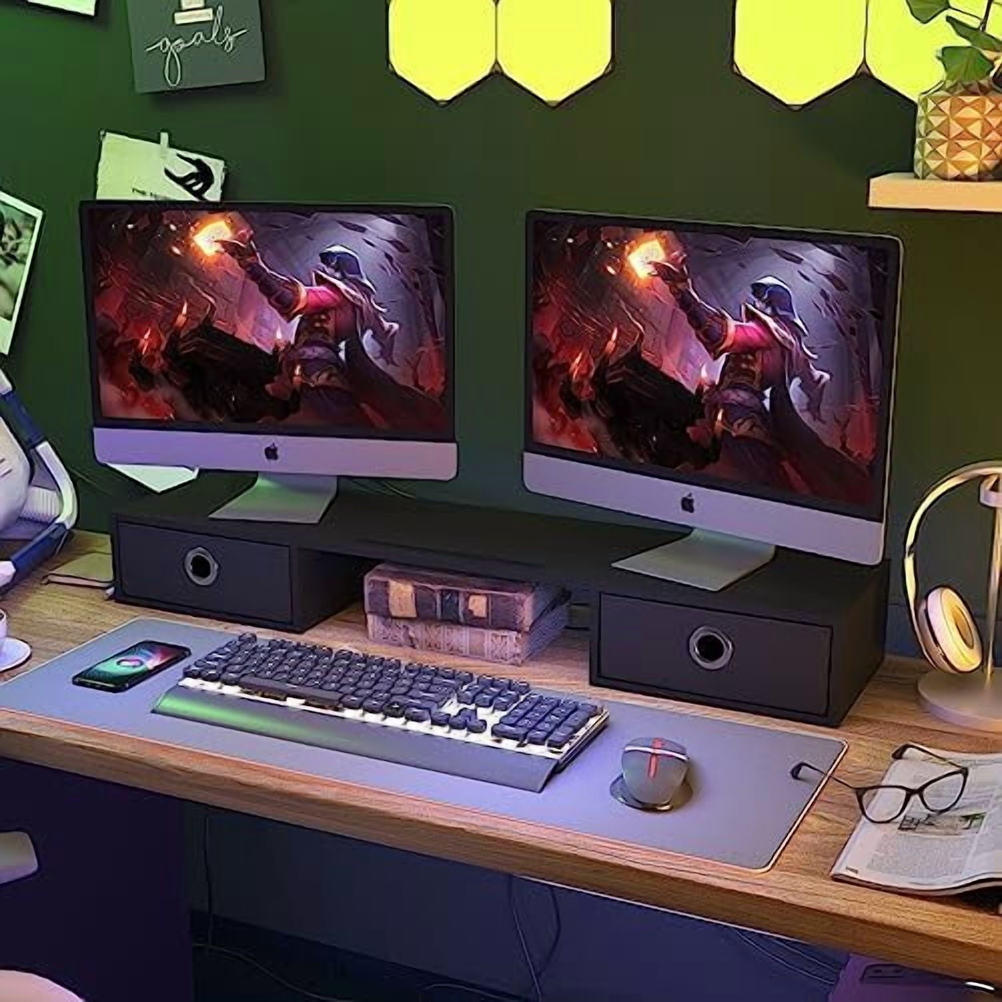 Dual Monitor Stand Riser with Two Drawers, Extra Large Storage Monitor Stand for 2 Monitors, Desktop Oraganizer Stand... - Image 5