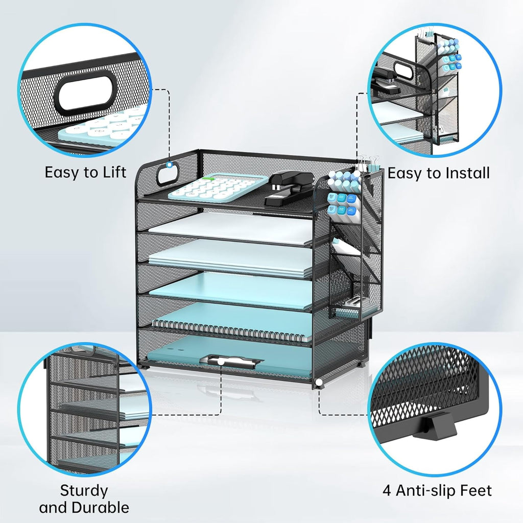 6 Tier Paper Organizer with 4 Pen Holders, Metal Mesh Desk Organizer Letter Tray with Handle, Black - Image 4