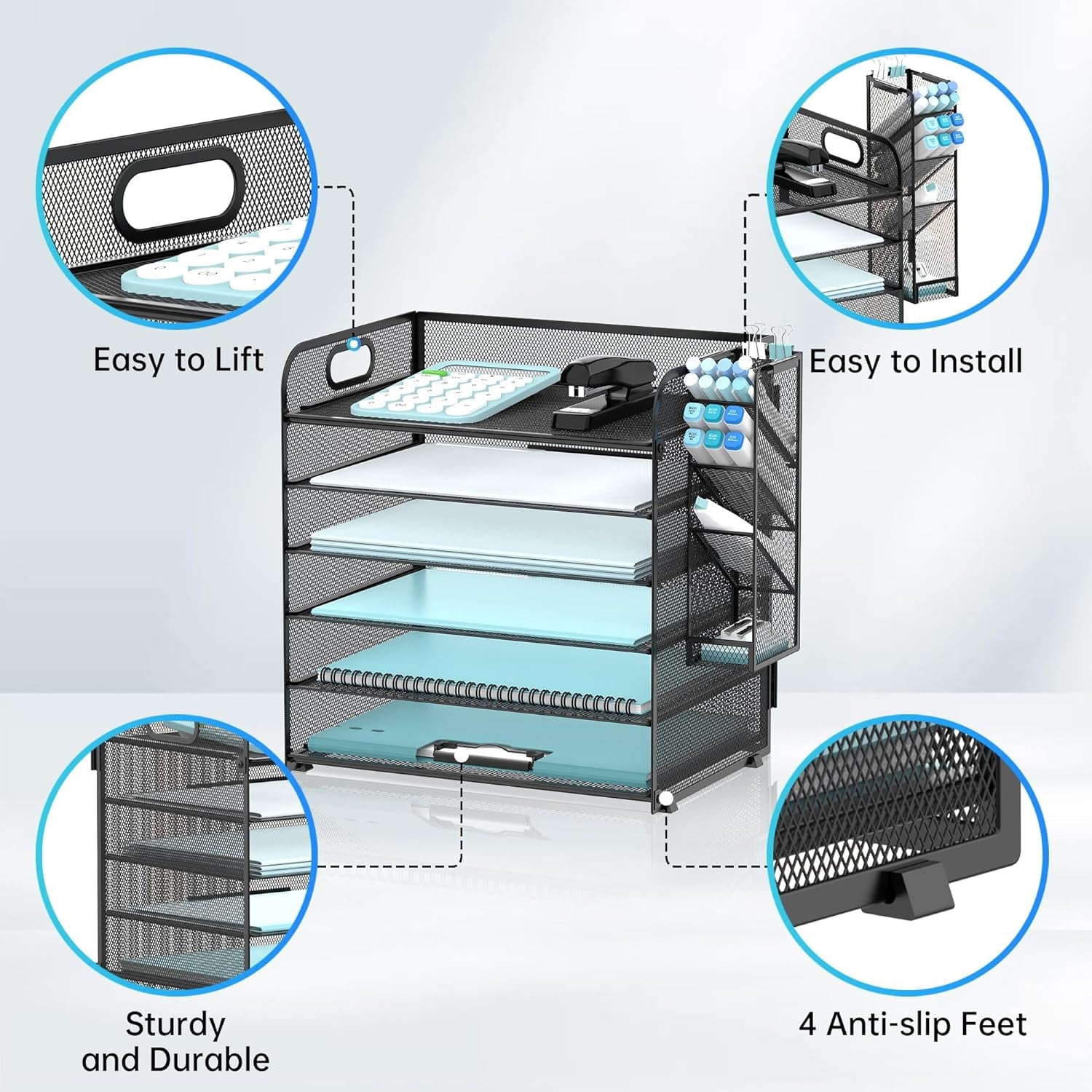 6 Tier Paper Organizer with 4 Pen Holders, Metal Mesh Desk Organizer Letter Tray with Handle, Black - Image 4