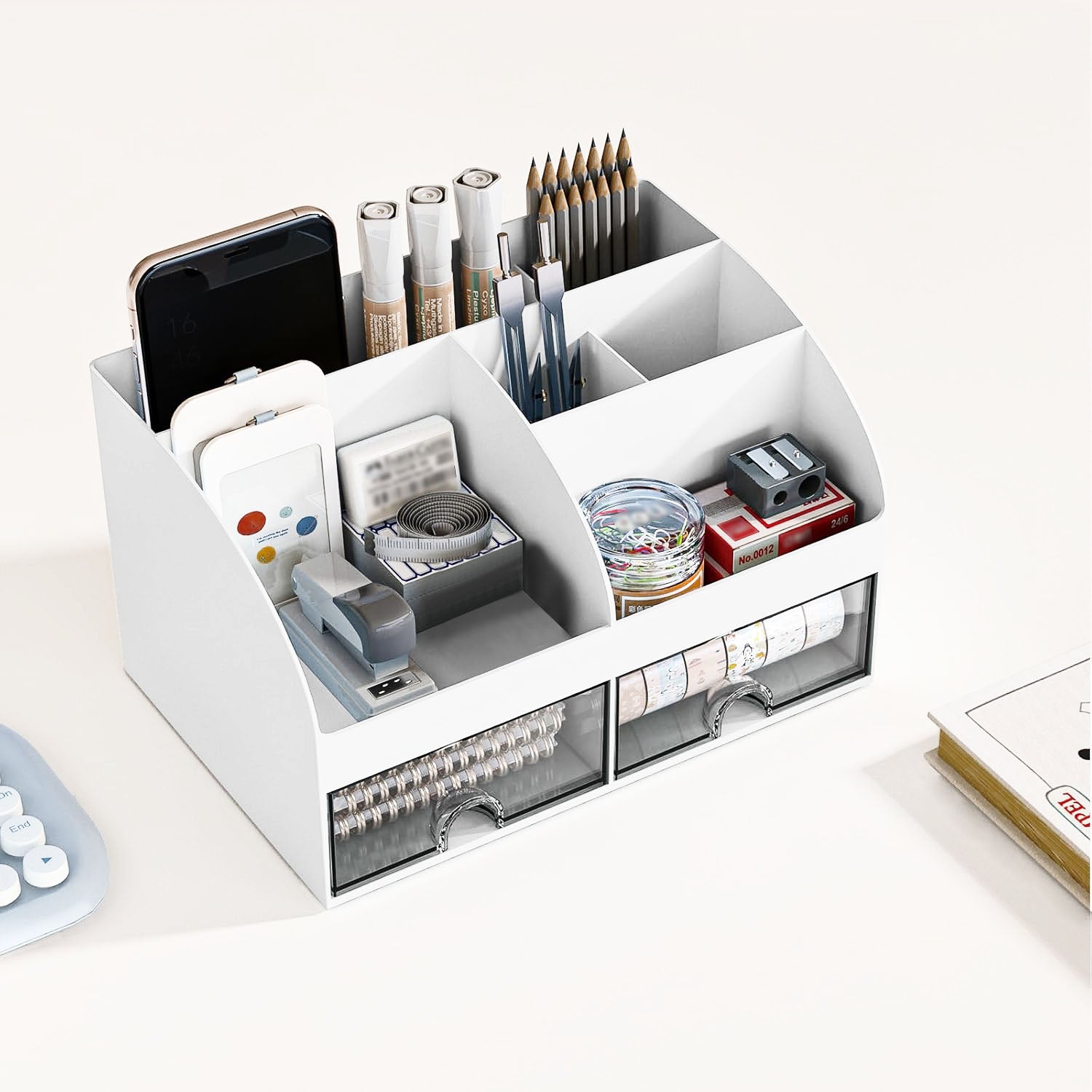 Style-Carry Desk Organizer with 6 Compartments and 2 Drawers, Plastic Desktop Organizer & Pencil Holder, White - Image 4