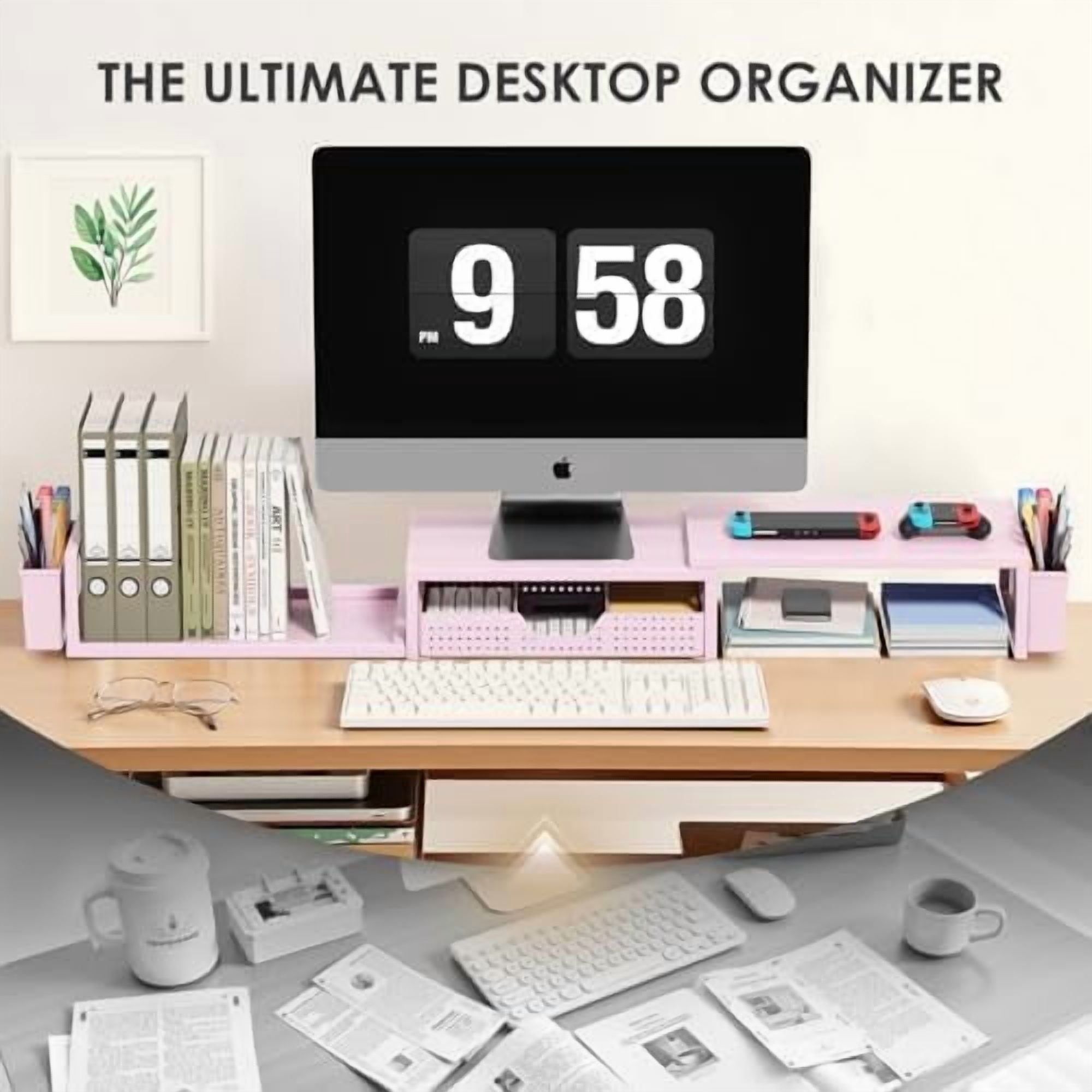 Pink Desk Organizers and Accessories for Women, Dual Computer Monitor Stand Riser with Drawer and 2 Pen Holders, Office Desk Accessories, Wo - Image 5