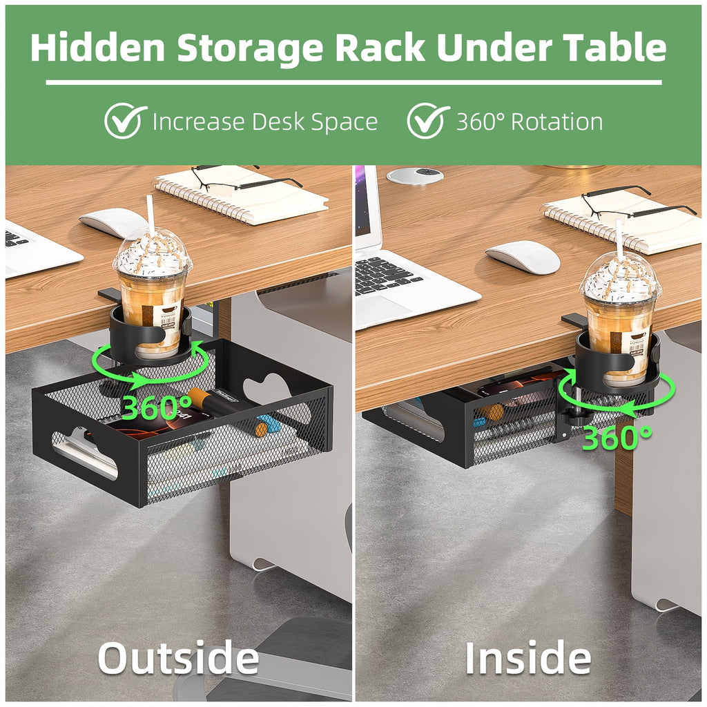 Bemico 360Rotation Under Desk Drawer Organizer with Cup Holder, Clamp-On Metal Large Under Table Storage Slide Out Caddy Drawer for Home & O - Image 2
