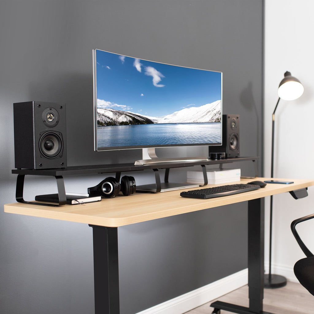 VIVO Black Wood 55" Wide Desktop Stand Ergonomic TV Monitor Riser Desk Organizer - Image 2