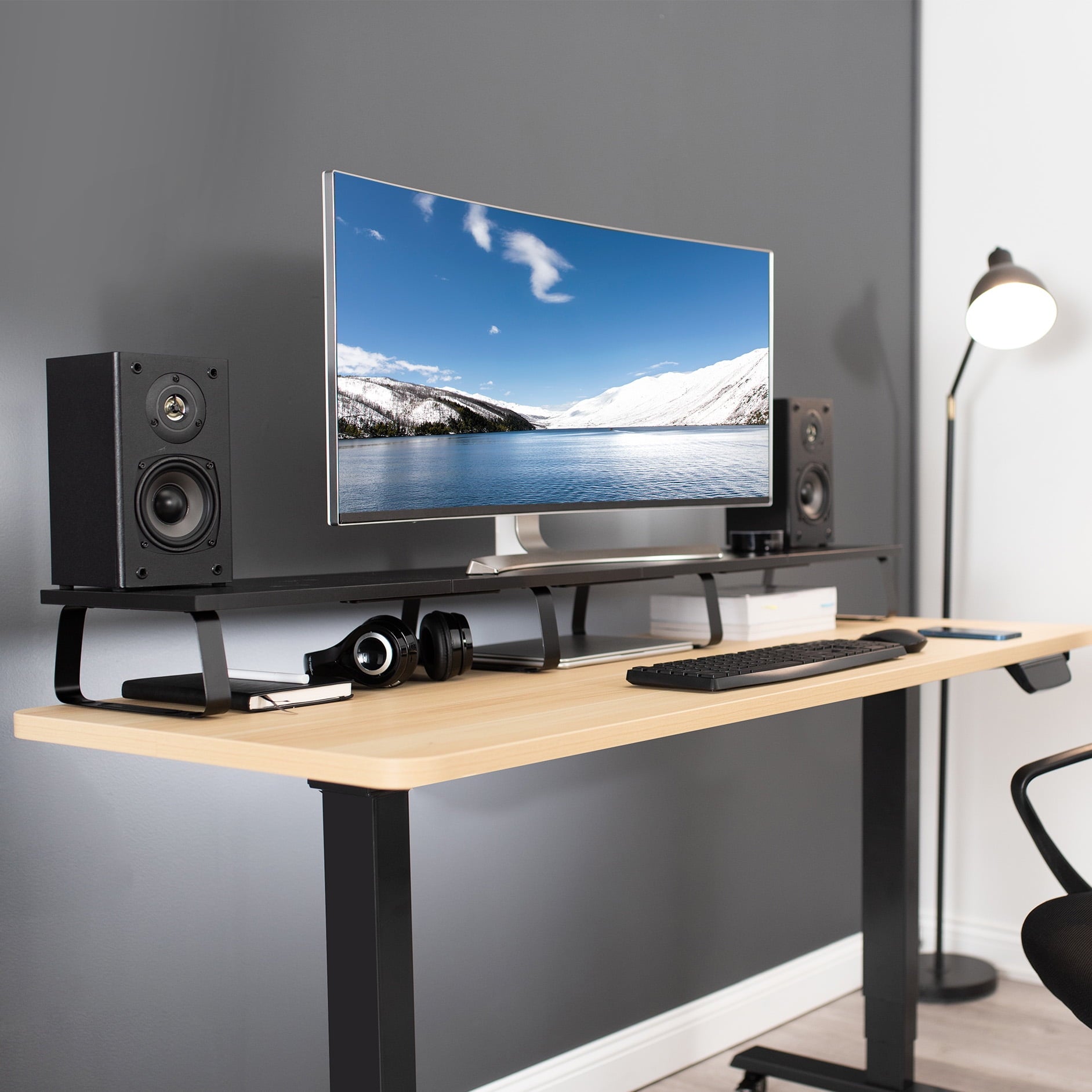 VIVO Black Wood 55" Wide Desktop Stand Ergonomic TV Monitor Riser Desk Organizer - Image 2