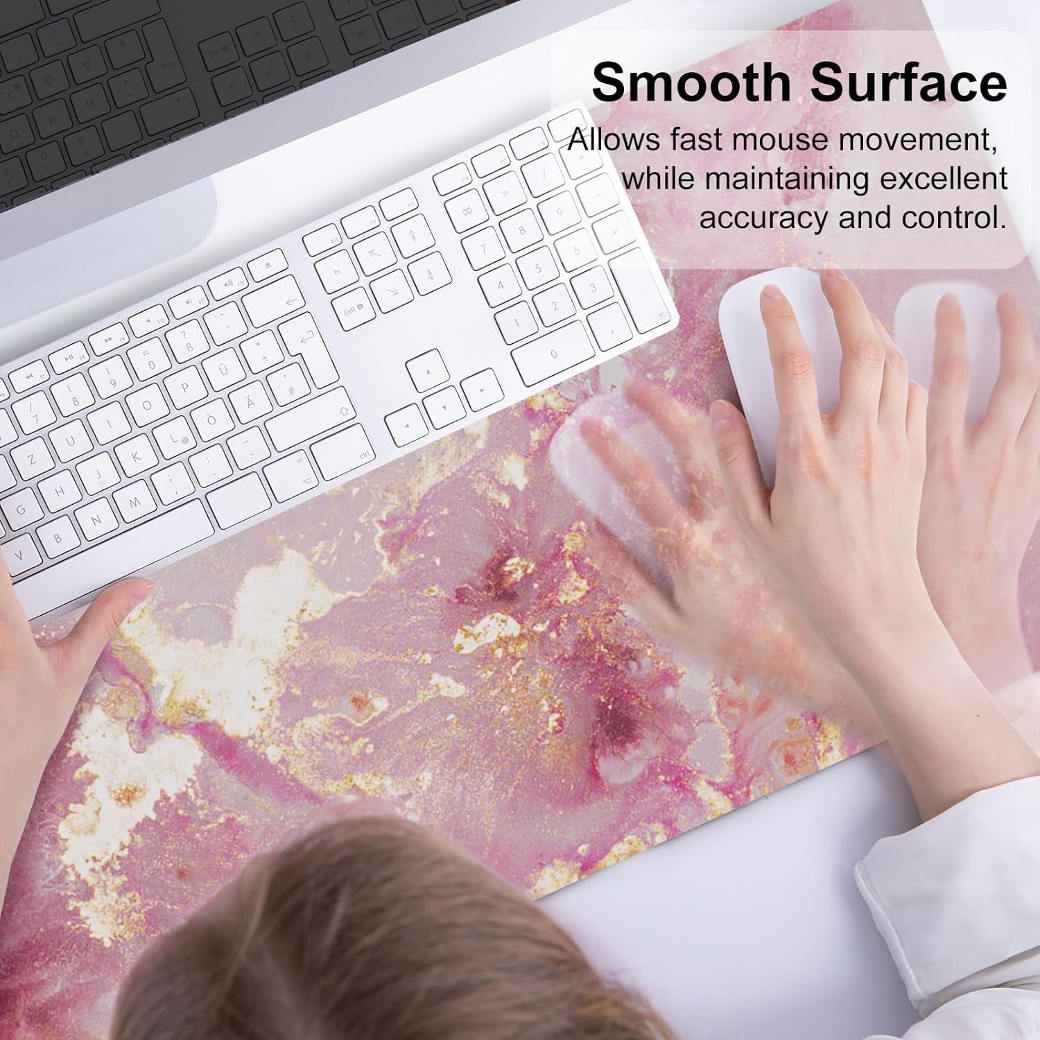Large Mouse Pad, Cute Pink Desk Mat for Desktop, Women Girls PU Leather Waterproof Gaming, Rose Gold Marble Computer ... - Image 2