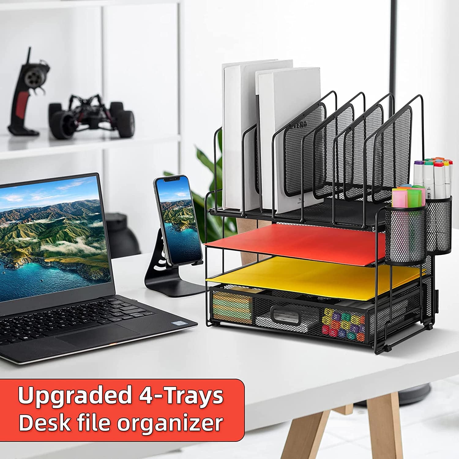 with Drawer, 4-Tier Mesh File with 5 Vertical File Holders and 2 Pen Holders, Multifunction top , s and Accessories f... - Image 6