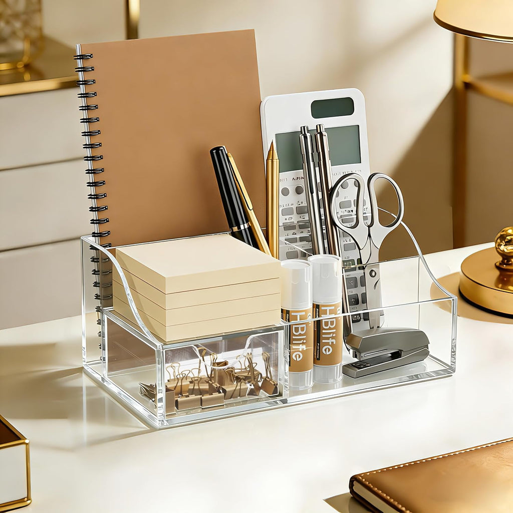 HBlife Acrylic Pen Holder and Desk Organizer, Office Caddy Storage, 6 Compartments - Image 2