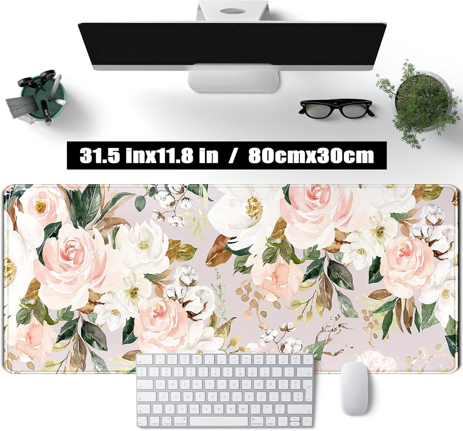 Pink Flowers Keyboard Pad PC Gaming Desk Mat Desk Mouse Pads Green Leaves Floral Mouse Pad Large, Computer XL Big Mou... - Image 2