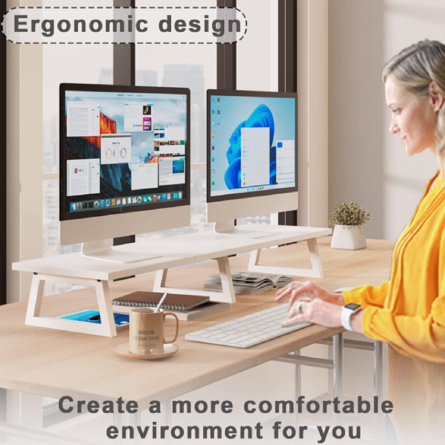 White Dual Monitor Riser for 2 Monitors-42inch, Wood Desktop Dual Stand with Metal Legs, Long Screen/PC/Laptop Storag... - Image 5