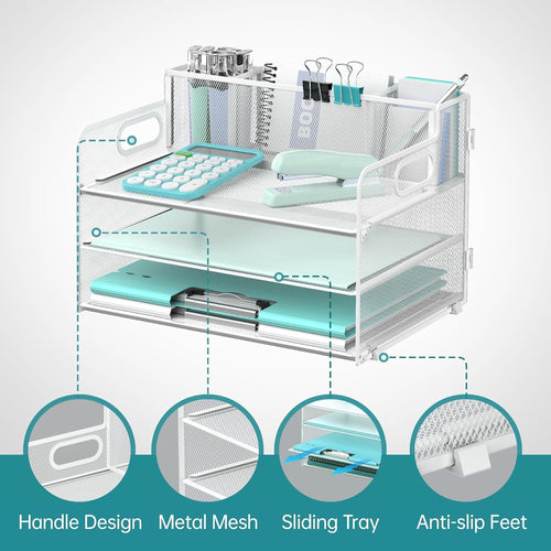 3 Letter Size Desk Organizer with Handle and 3 Pen Holders, White, 1 Piece - Image 2