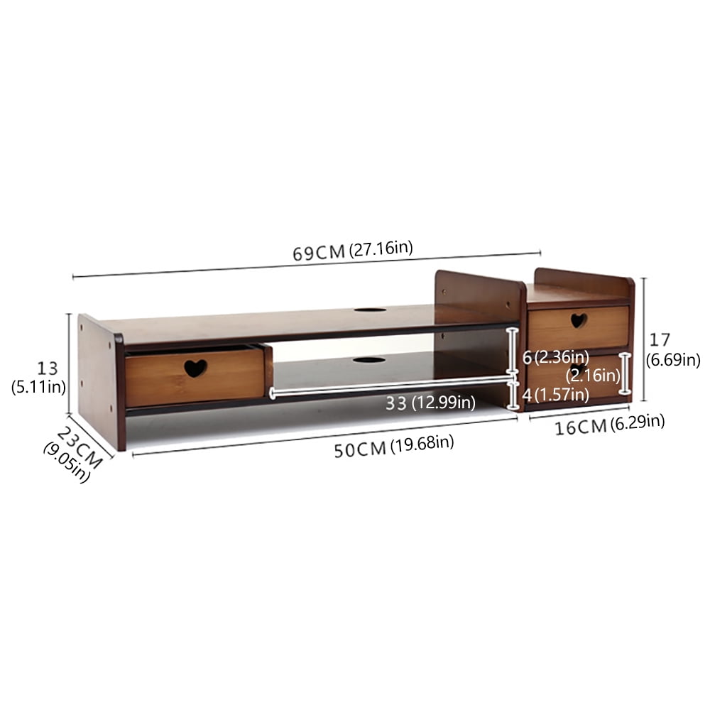 Retro Bamboo Monitor Stand Desk Storage Organizer with Three Drawers and Double Shelves Multifunctional Monitor Stand Riser 110.23lbs Load C - Image 4