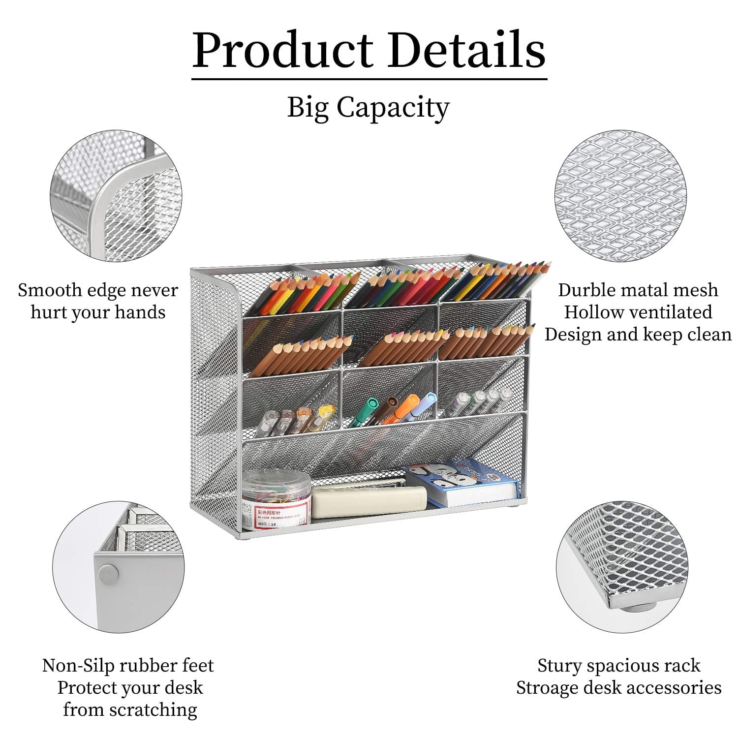Mesh Desk Organizer, Multi-Functional Pen Holder, Pen Organizer for desk, Desktop Stationary Organizer - Image 4