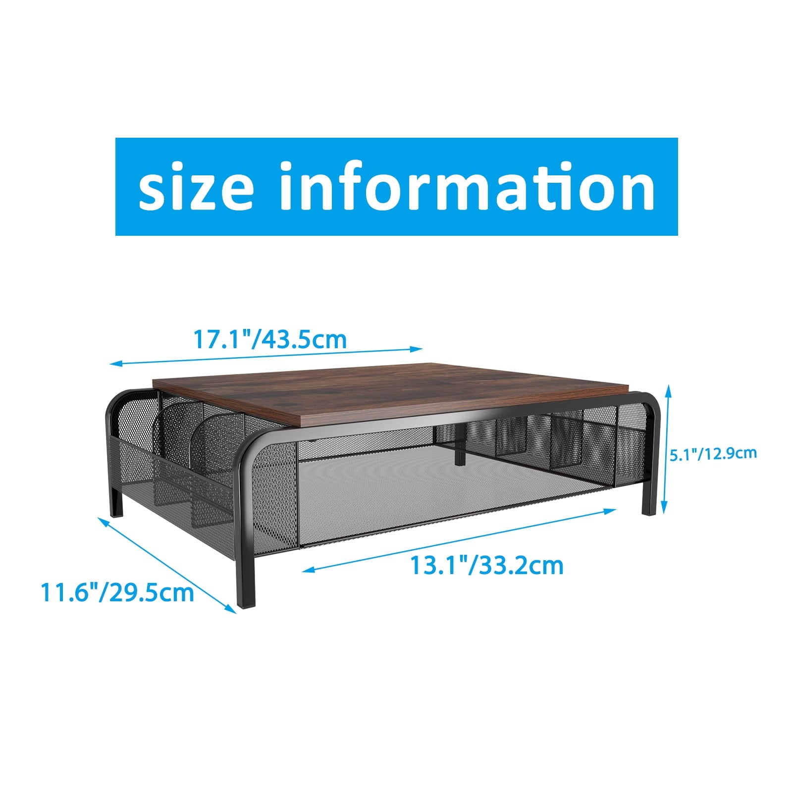 16.85" Metal Monitor Stand Riser with Drawer - Black Rustic Desktop Organizer for Computer, Laptop, Printer - Image 5