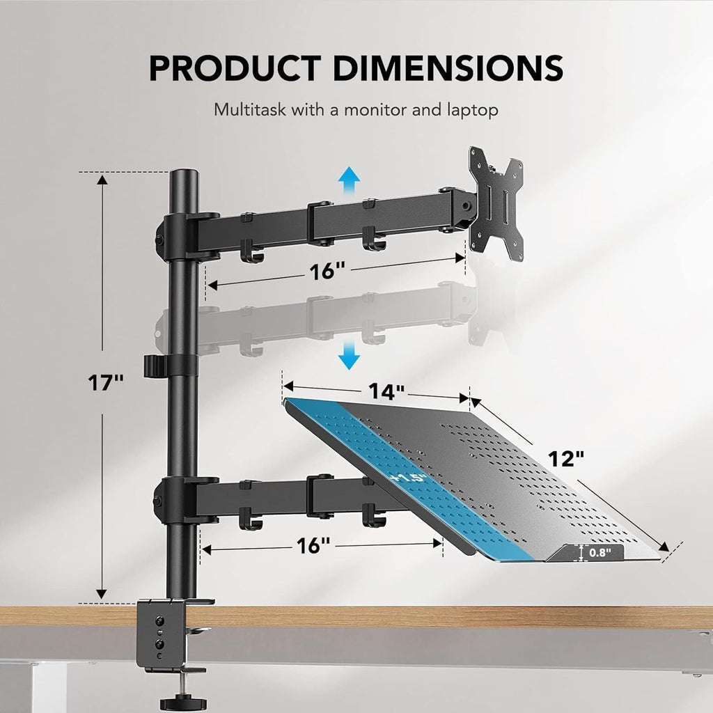 Adjustable Monitor Stand, Single Arm Desk Mount for 32 inch Screen and 17 inch Laptop, Heavy Duty Ergonomic Bracket H... - Image 5