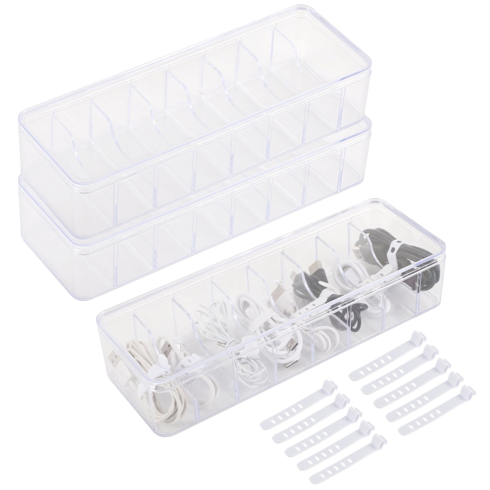 3 Pcs Cable Storage Organizers, Clear Cord Organizer Boxes with Lids & Detachable Dividers, Cable Storage Boxes with 10 Cable Ties, Transpar - Image 6