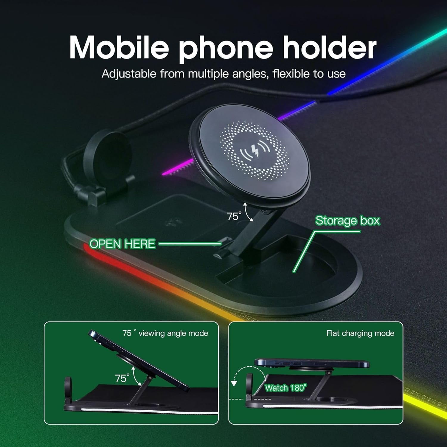 Wireless Charging Mouse Pad, RGB Gaming Desk Mat XXL with Magnetic Wireless Charging Phone Holder for Phone&iWatch&Ai... - Image 2