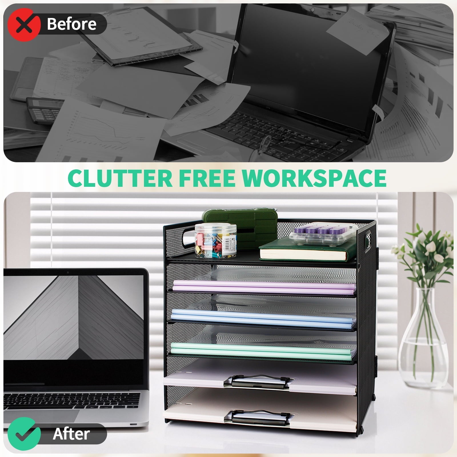 PHANCIR 6-Tier Desk Organizer Paper Storage Box ,Stationery Tray with Handle Mesh Stationery Tray Desktop File Classifier, Suitable for Offi - Image 2