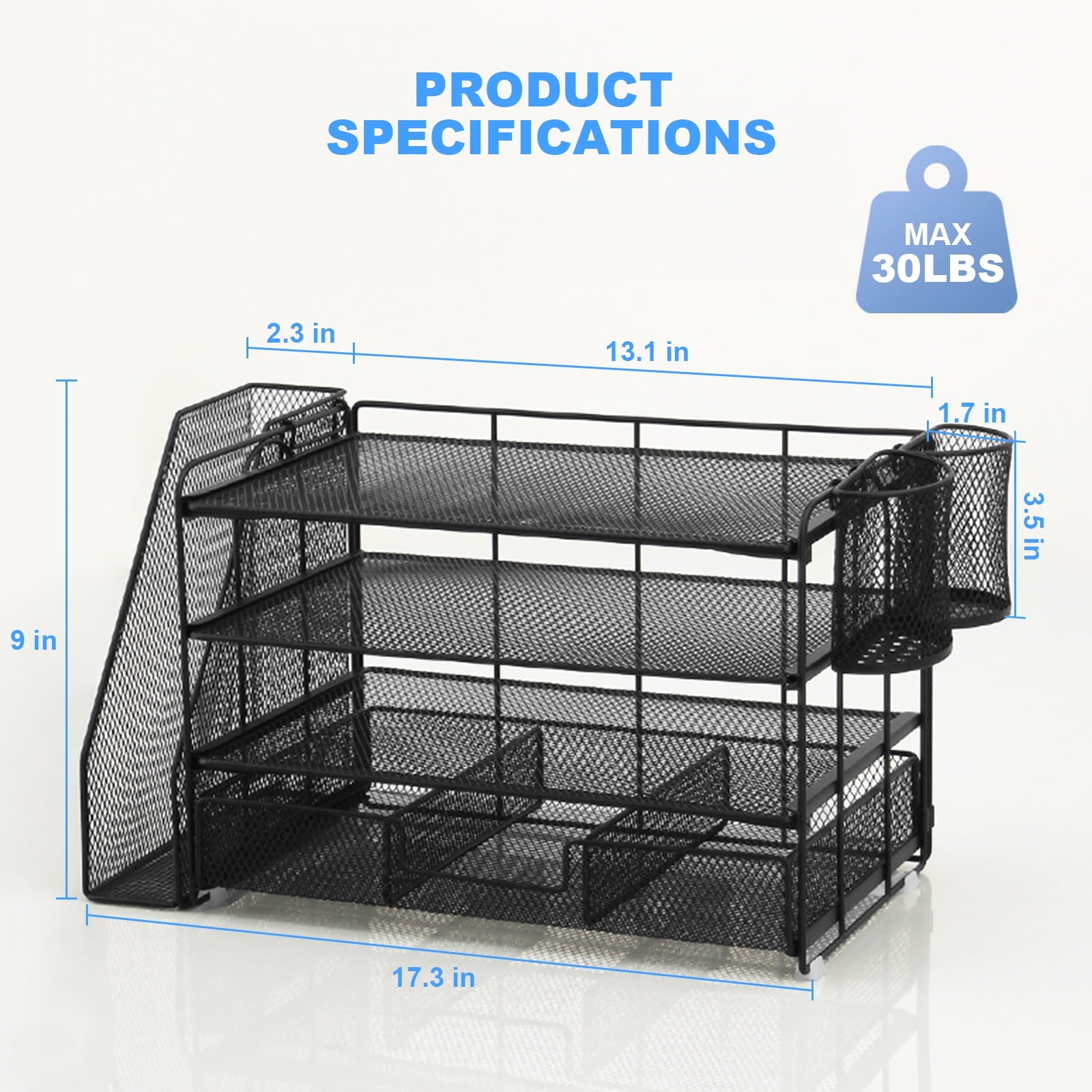 4-Tier Metal Vertical Countertop Desk Organizer comes with (2) Pen Cups, (1) Drawer & (1) File Holder, Black - Image 5