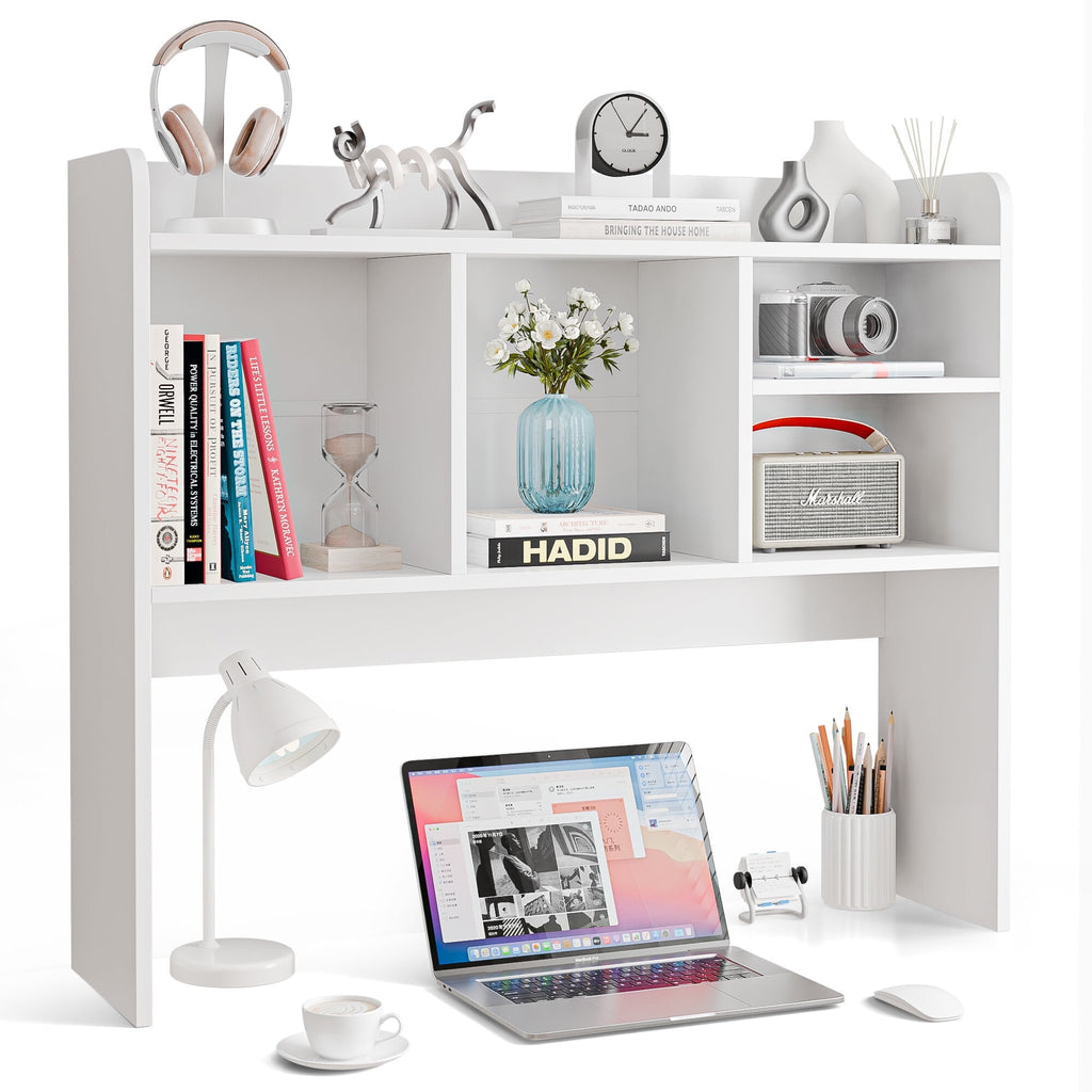 Desktop Bookshelf Storage Tabletop Display Hutch with 4 Shelves Wood Frame Freestanding Desk Organizer, White - Image 6
