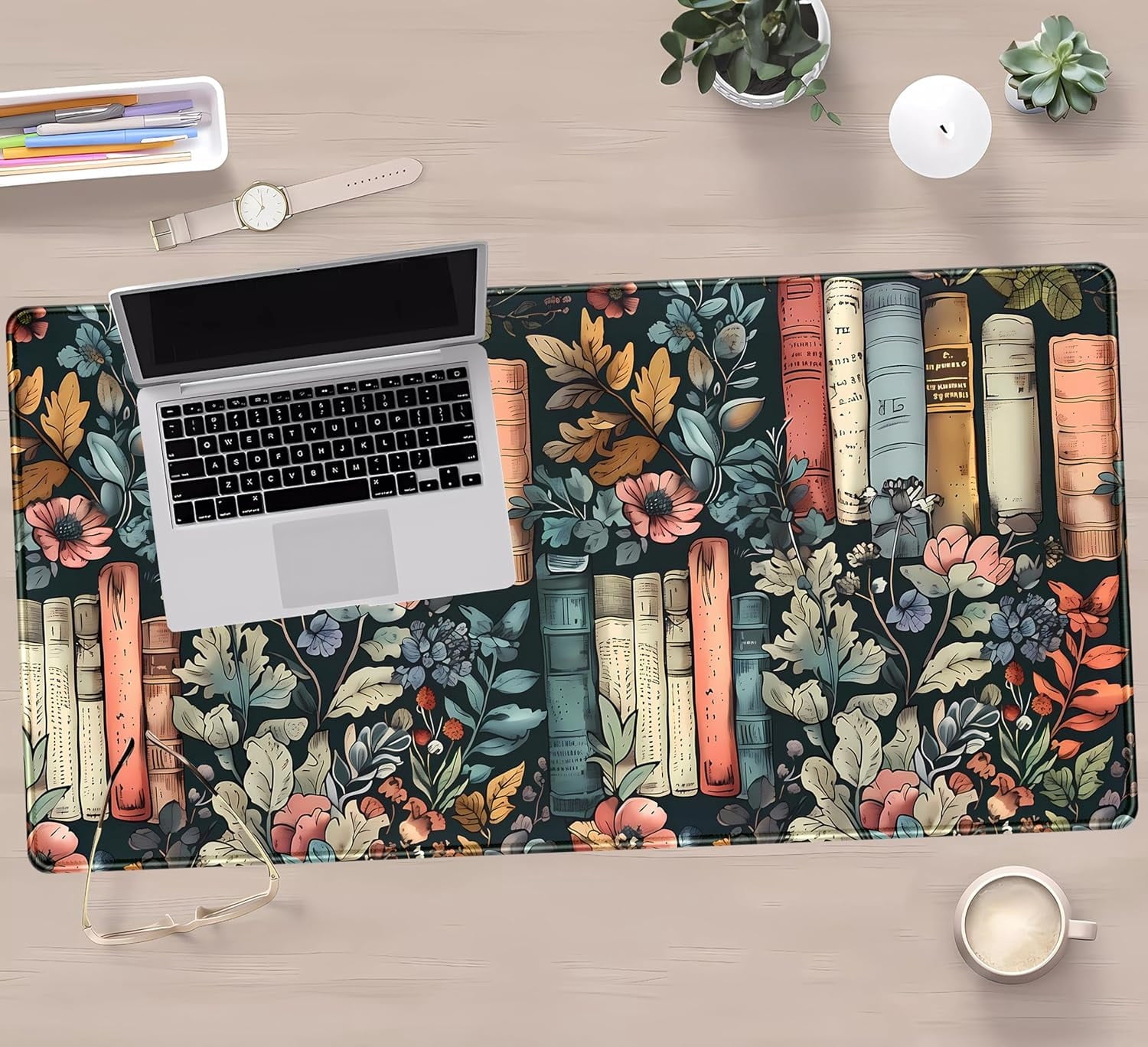 Floral Books Desk Mat Reading Desk Pad Mouse Mat XXL, Colorful Mouse Keyboard Pad Flower Bookshelf Desktop Mat, Long Computer Mats Aesthetic - Image 5