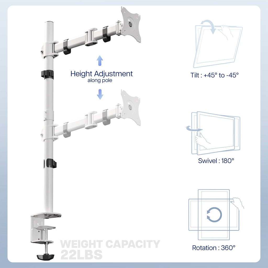 White Single Monitor Desk Mount Extra Tall Adjustable Stand for up to 32" Screen - Image 6