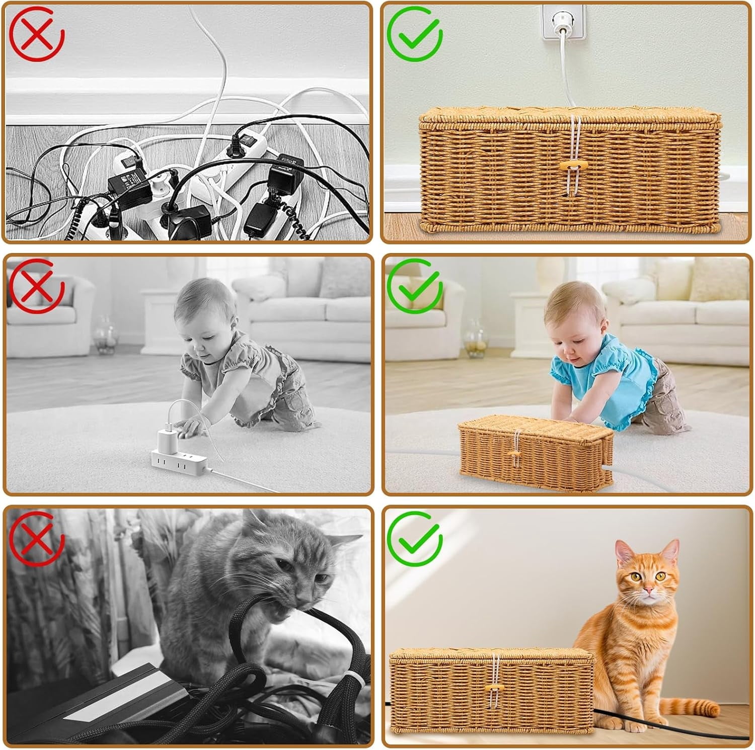 Cable Management Box, Handmade Imitation Rattan Cord Cable Organizer, Open Slots Cords Hider Box Cord Basket Under Desk Cord Organizer for C - Image 5