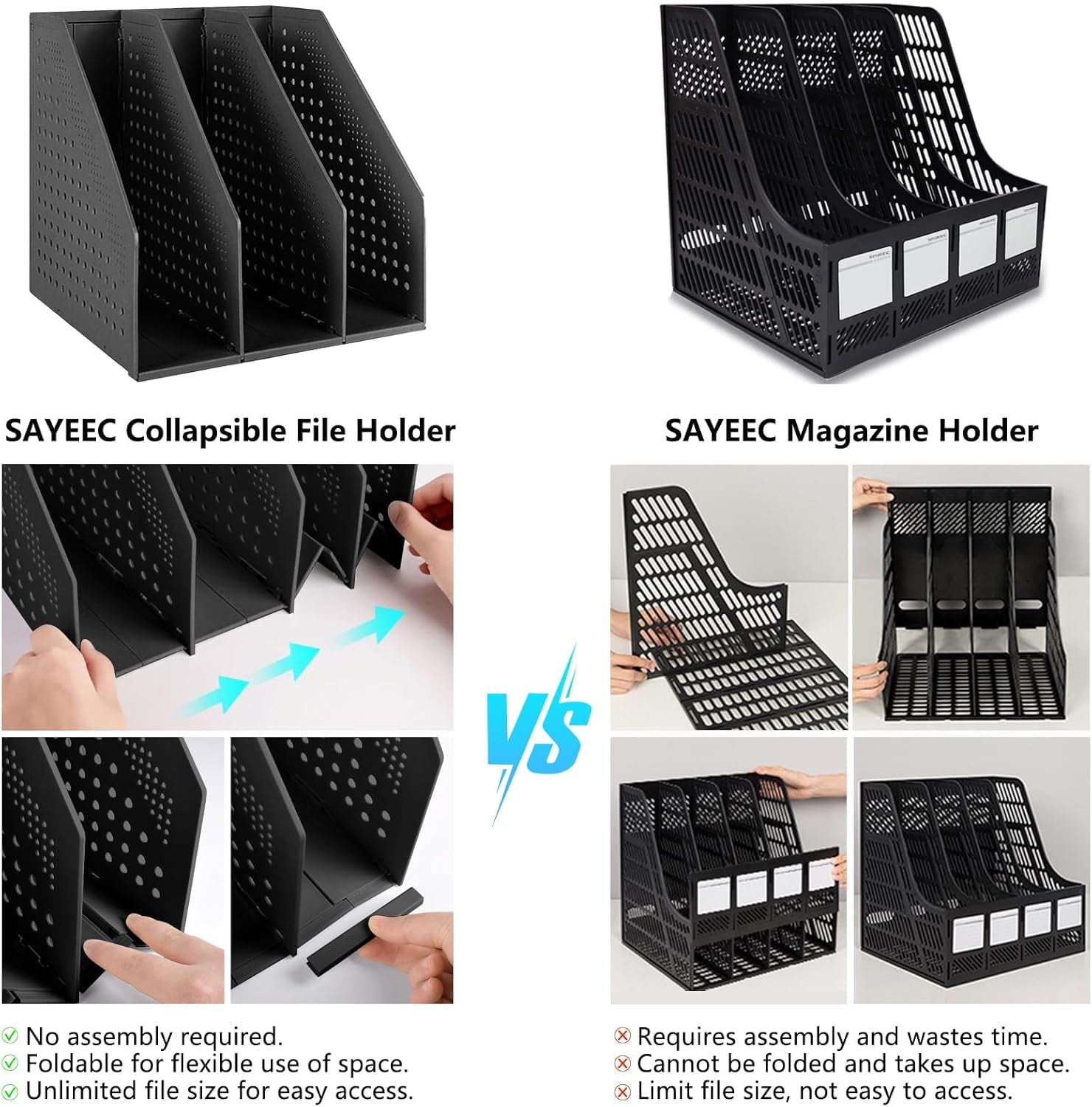 SAYEEC Black Collapsible Magazine File Holder Plastic 3-Compartment Vertical File Organizer, Sturdy Desk Folder Rack for Office, School & Ho - Image 3