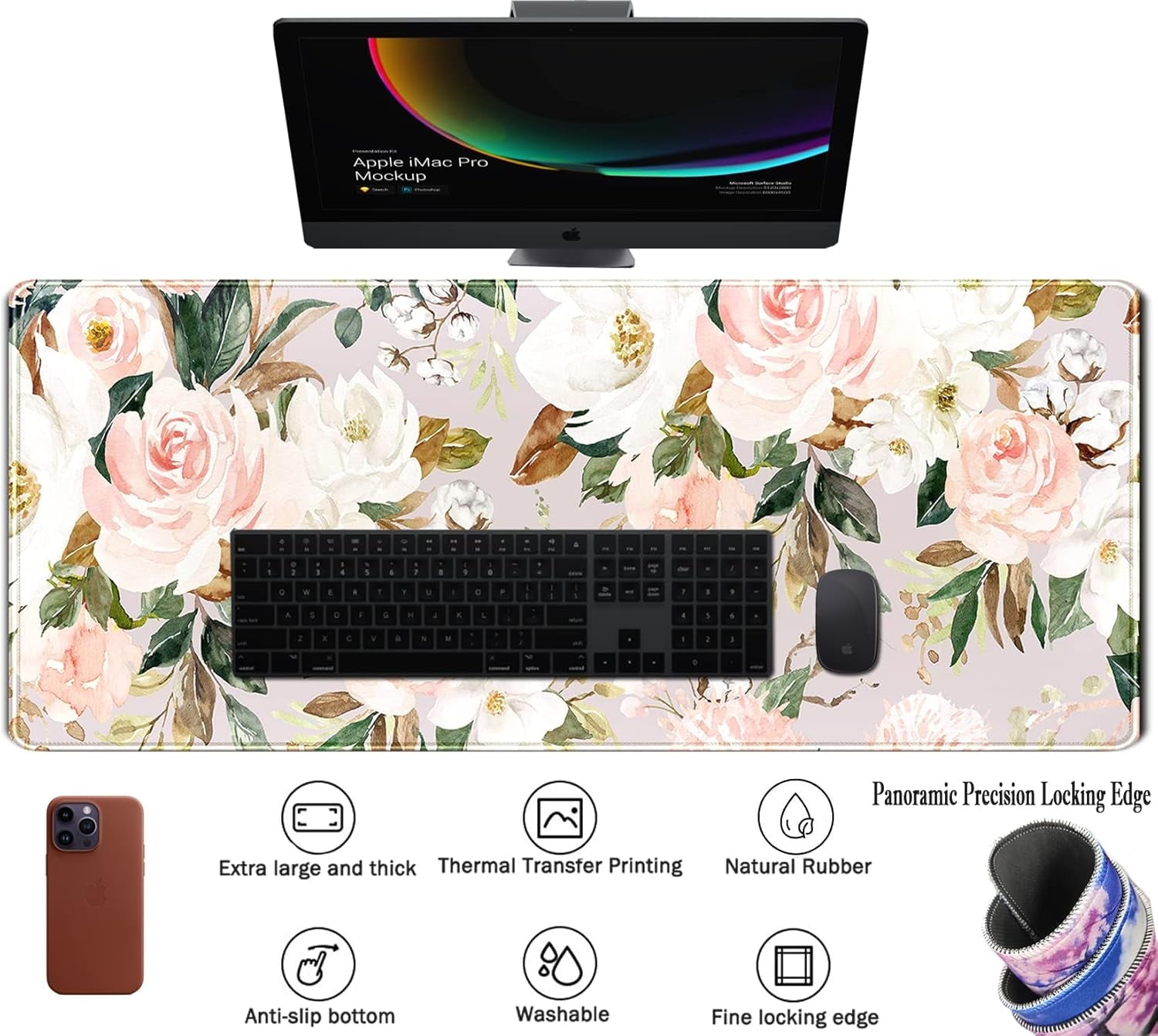 Pink Flowers Keyboard Pad PC Gaming Desk Mat Desk Mouse Pads Green Leaves Floral Mouse Pad Large, Computer XL Big Mou... - Image 3