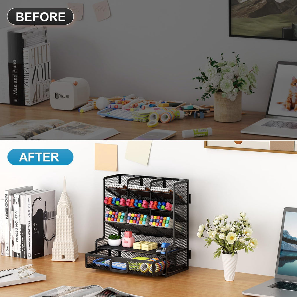 Mesh Desk Organizer with Drawer, Multi-Functional Pen Pencil Holder,Desk Organizers and Accessories( Black) - Image 5