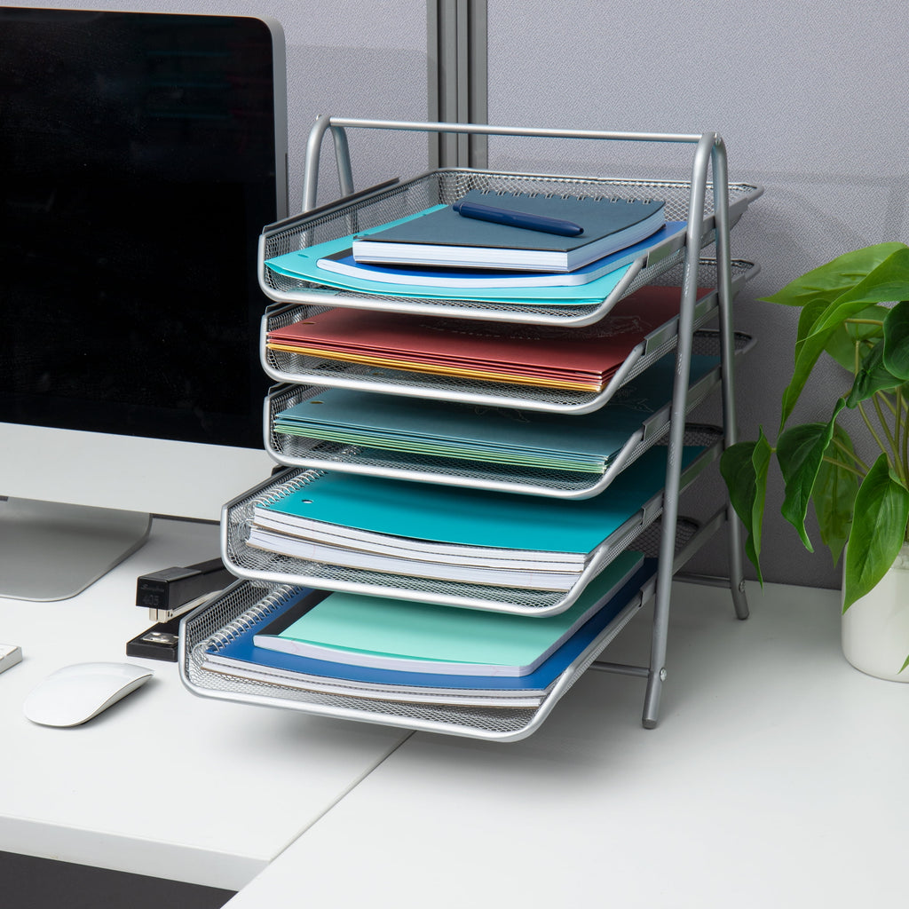 5-Tier Paper Tray, Desktop Organizer, File Storage, Office, Metal Mesh, Silver - Image 6