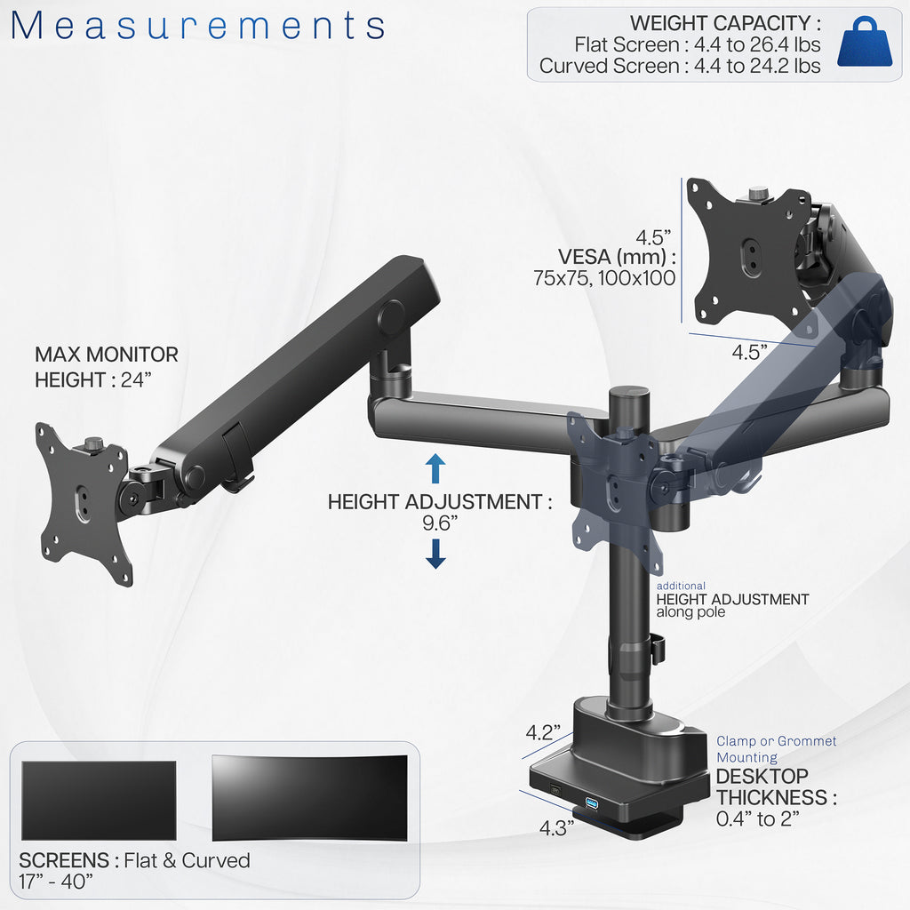 Premium Aluminum Full Motion Dual Monitor Arm Desk Mount Stand w/ USB Ports - Image 5