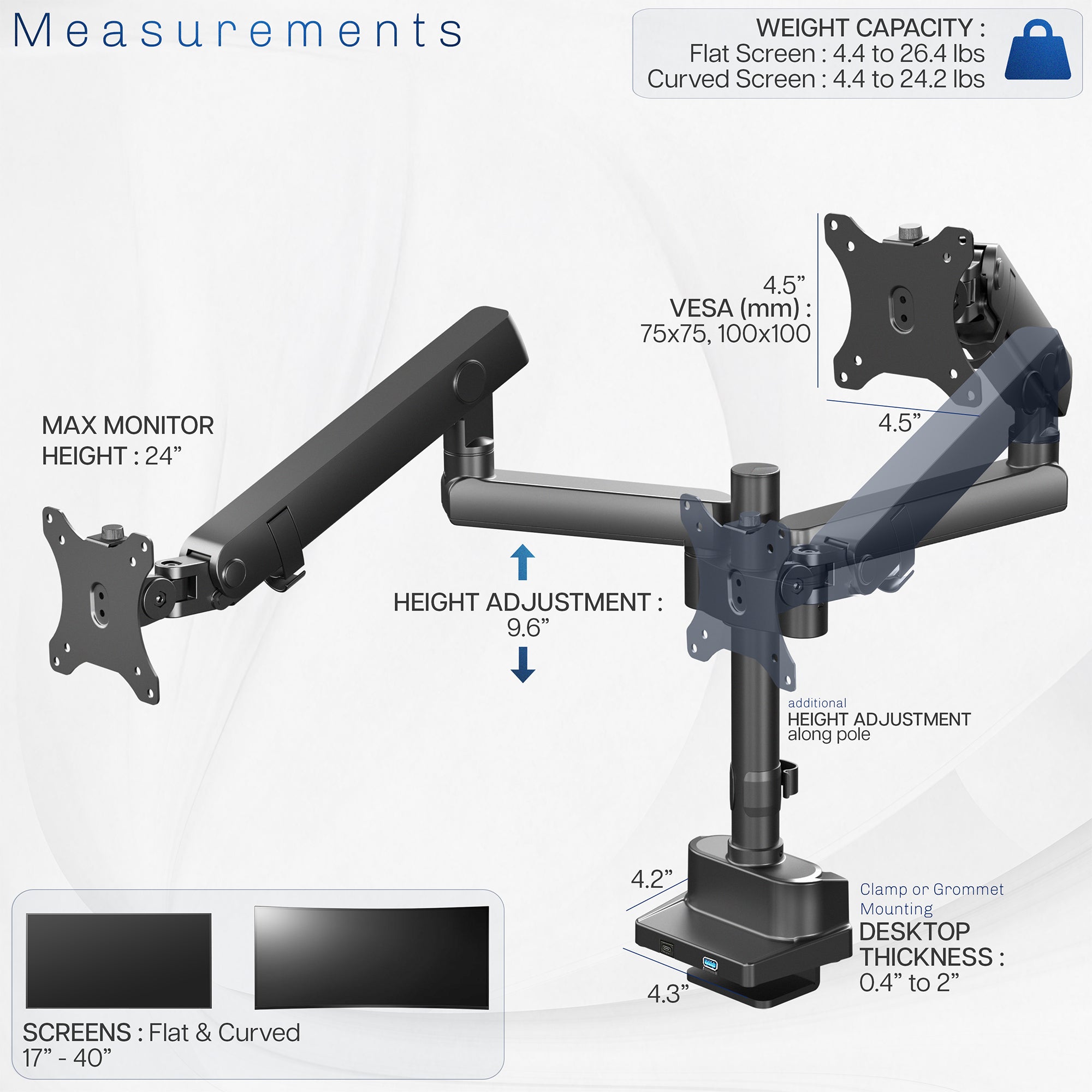 Premium Aluminum Full Motion Dual Monitor Arm Desk Mount Stand w/ USB Ports - Image 5