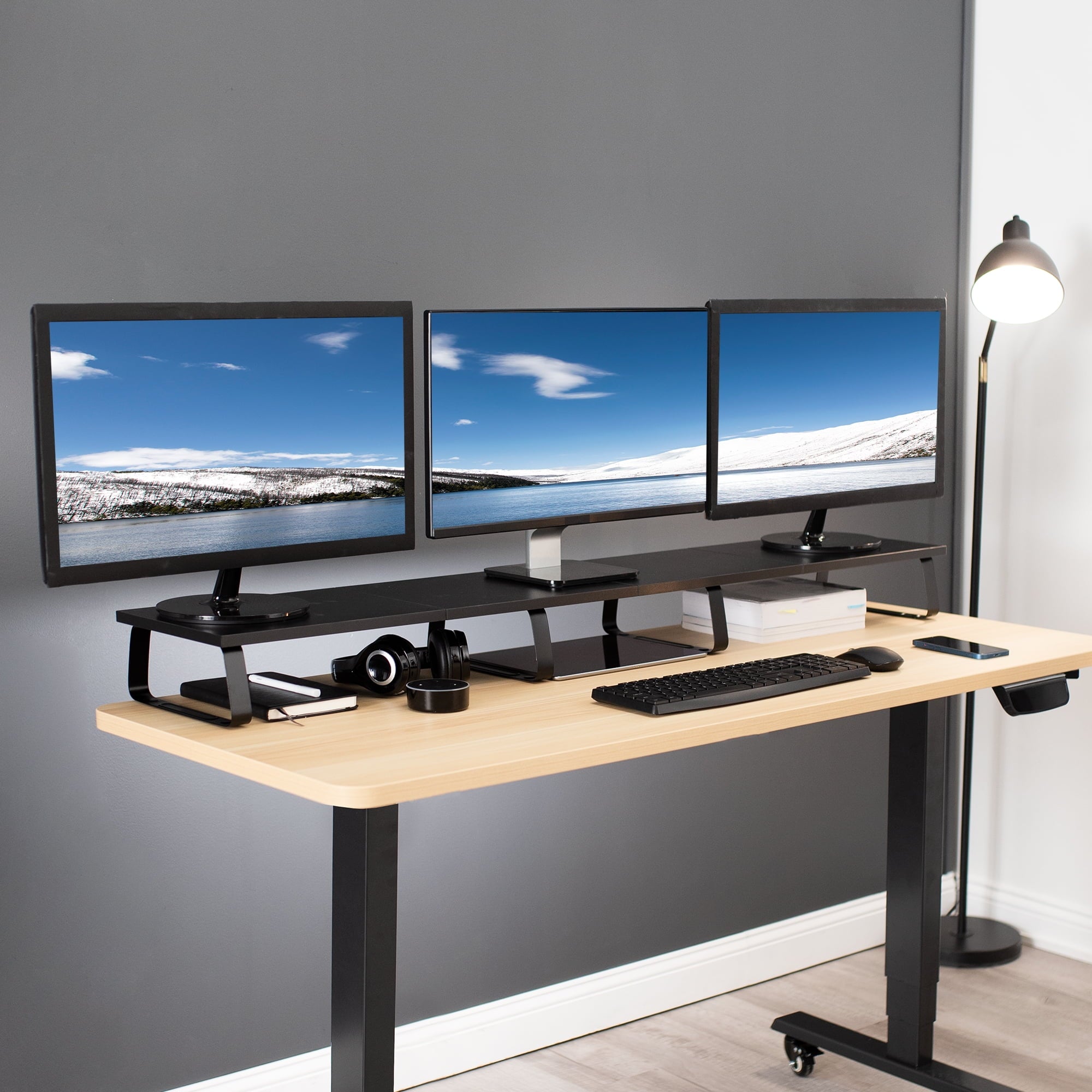 VIVO Black Wood 55" Wide Desktop Stand Ergonomic TV Monitor Riser Desk Organizer - Image 4