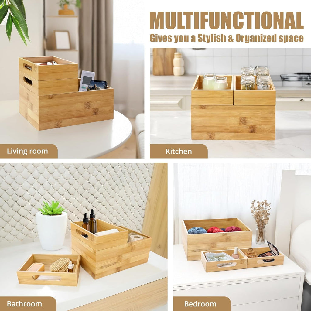 3-Piece Stackable Bamboo Storage Box, Office Desk Organizer, Wooden Boxes for Makeup Drawer Organizer Bathroom, Offic... - Image 5