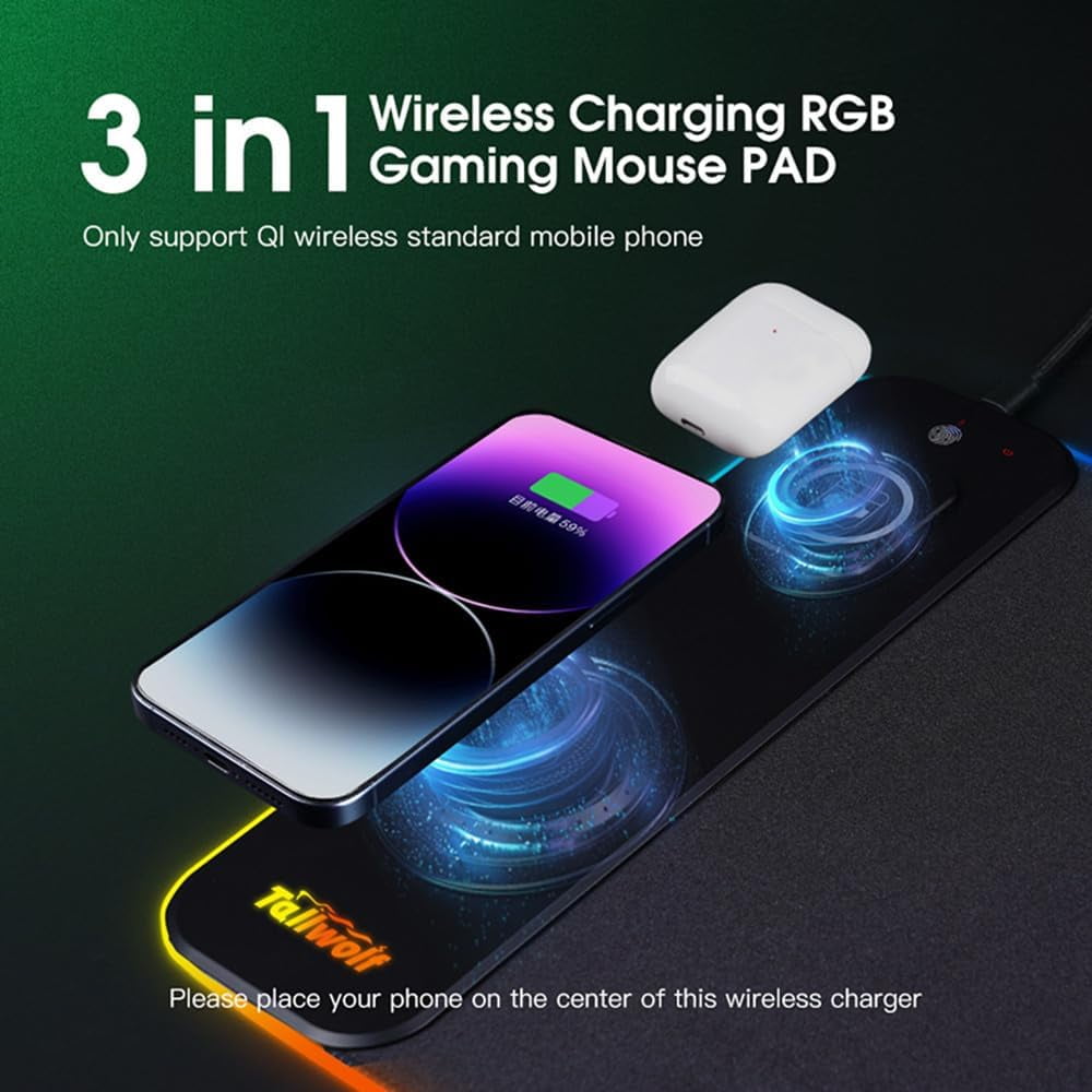 XIHAMA 3 in1 Wireless Charging RGB Gaming Mouse PAD, 15W 10 Light Modes, 800*300*4mm LED Magnetic Wireless Charging Mouse, Pad Desk Pad, Ill - Image 4